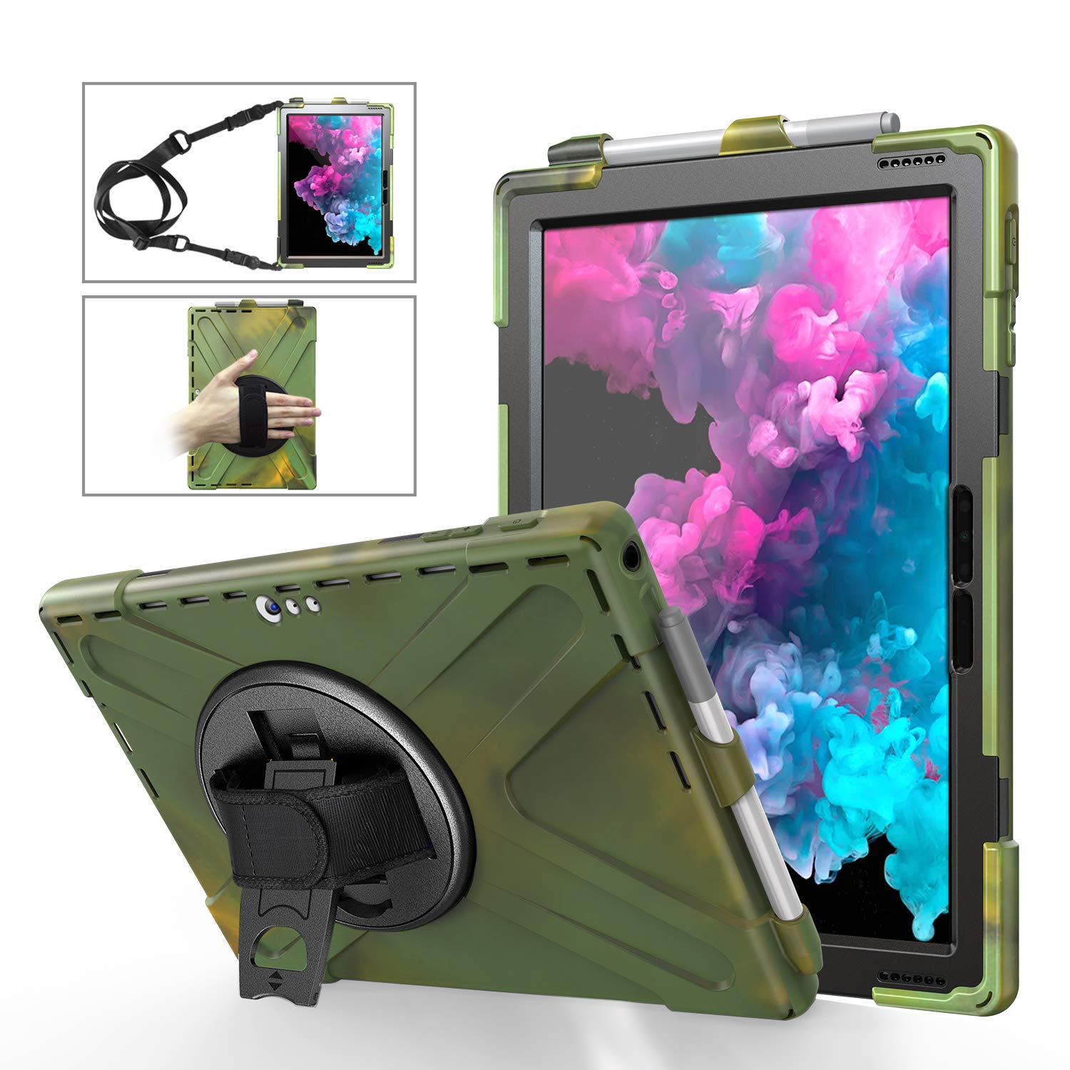 Compatible with Microsoft Surface Pro 4 5 6 Case Tablet Back Case Build-in Kickstand and Pen Holder PC Silicone Cover Shockproof Protective Shell with Detachable Aiguillette and Adjustable