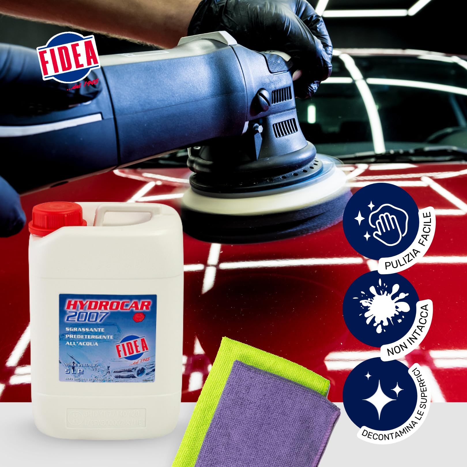 FIDEA HYDROCAR 2007 – Sgrassante Predetergente All’Acqua per Carrozzeria – Pulizia Superfici Prima della Verniciatura – Rimozione Grasso, Impronte, Sporco – Rapida Evaporazione, Senza Aloni - 5 Litri