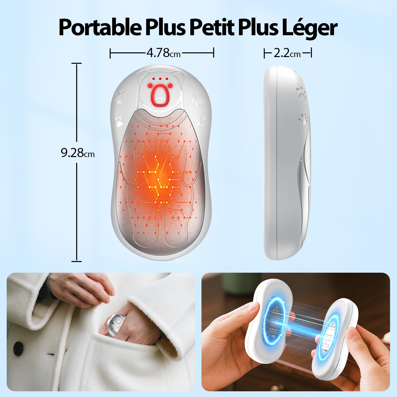 Chauffe Main Electrique 2 en 1 Blanc, Chaufferette Main Reutilisable, 3 Niveaux de Chauffe, 12000mAh Rechargeable par USB, Cadeaux Hiver Unisexes, pour Camping et Sports en Extérieur