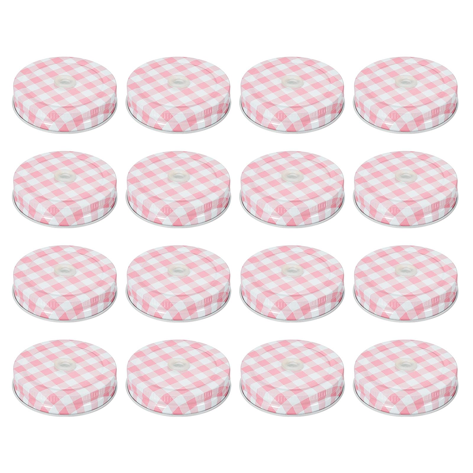 QUARKZMAN 16Pcs Coperchi per Barattoli Mason 70Mm in Latta A Bocca Standard con Foro per Cannuccia Riutilizzabili per Bottiglie di Conservazione Bottiglie d'Acqua E Barattoli Gingham Rosa