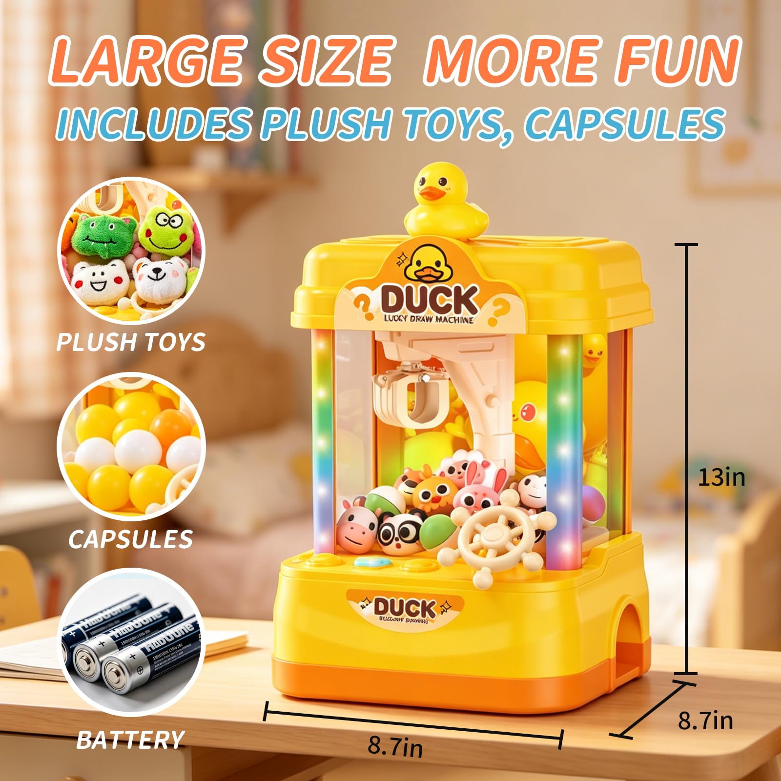 Macchina a forma di artiglio d'anatra per bambini, distributore automatico di giocattoli con premi in peluche, età 3+ | Grande gioco a premi arcade da 33 cm con luci, musica, capsule e comandi facili per feste di compleanno e giochi in famiglia.