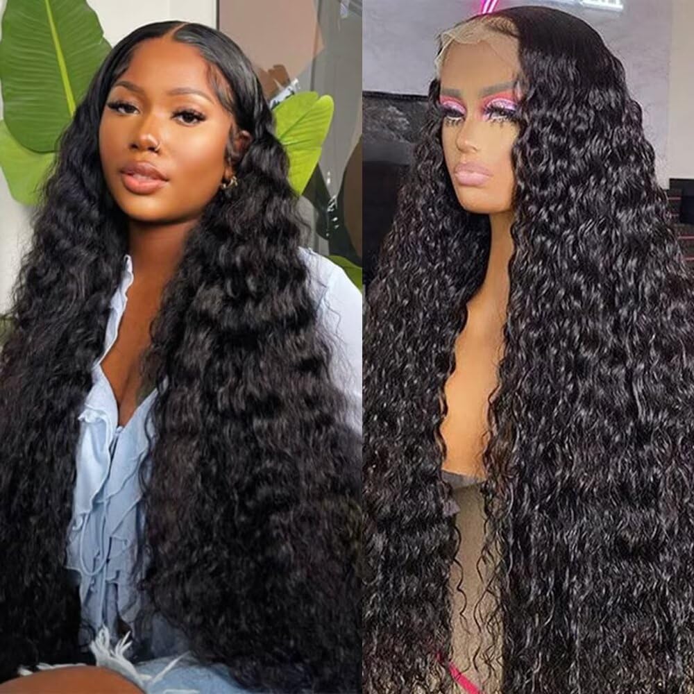Lemoda 13x6 Water Wave Lace Front Wigs Human Hair 180% Density 24Inch Deep Wave Transparent Lace Frontal Curly Wigs Wet and Wavy Virgin Hair Natural Black