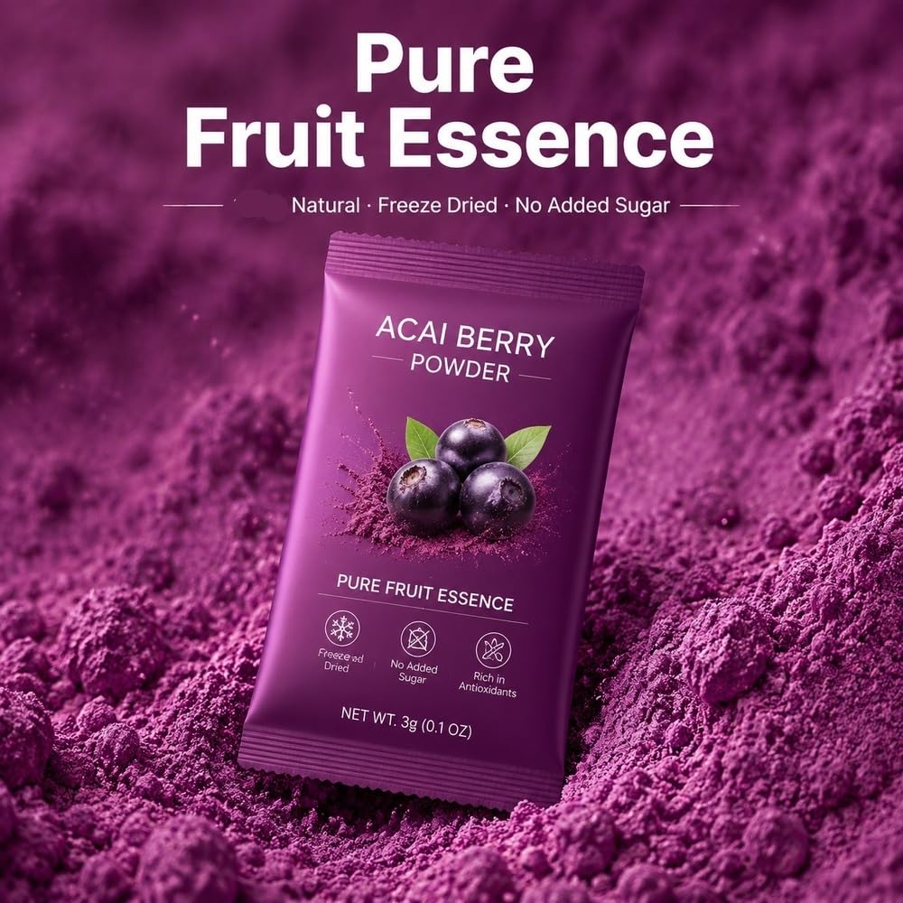 Polvere di bacche di Acai, 20 bustine, 60 g | Acai liofilizzato, senza zuccheri aggiunti, si dissolve facilmente(5boxes)