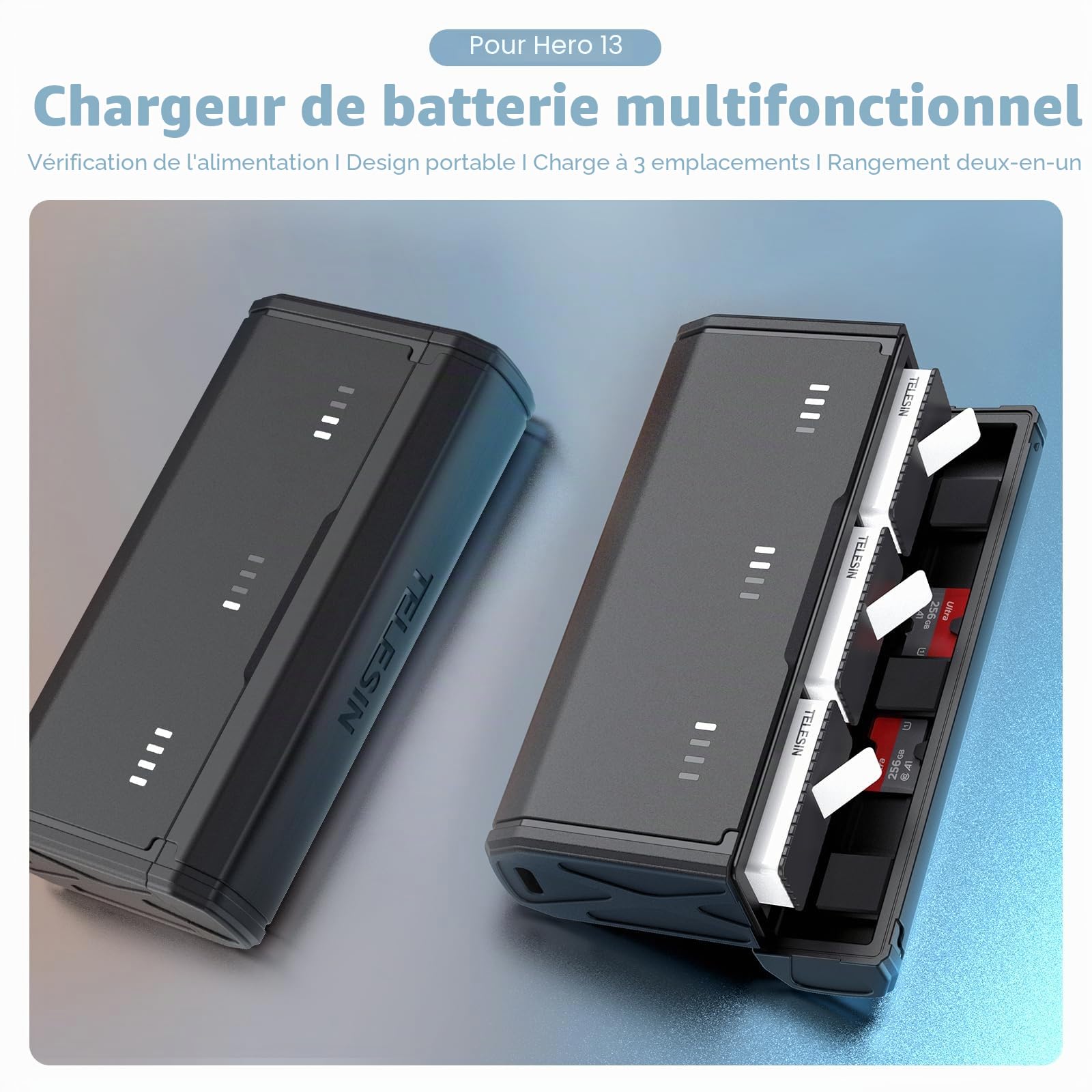 TELESIN Chargeur de Batterie pour GoPro Mission 1 Pro/Hero 13 Black, Chargeur Rapide 3 Batteries pour Batteries Enduro d’Origine, Boîtier de Charge Portable avec Rangement Carte SD et Indicateur LED