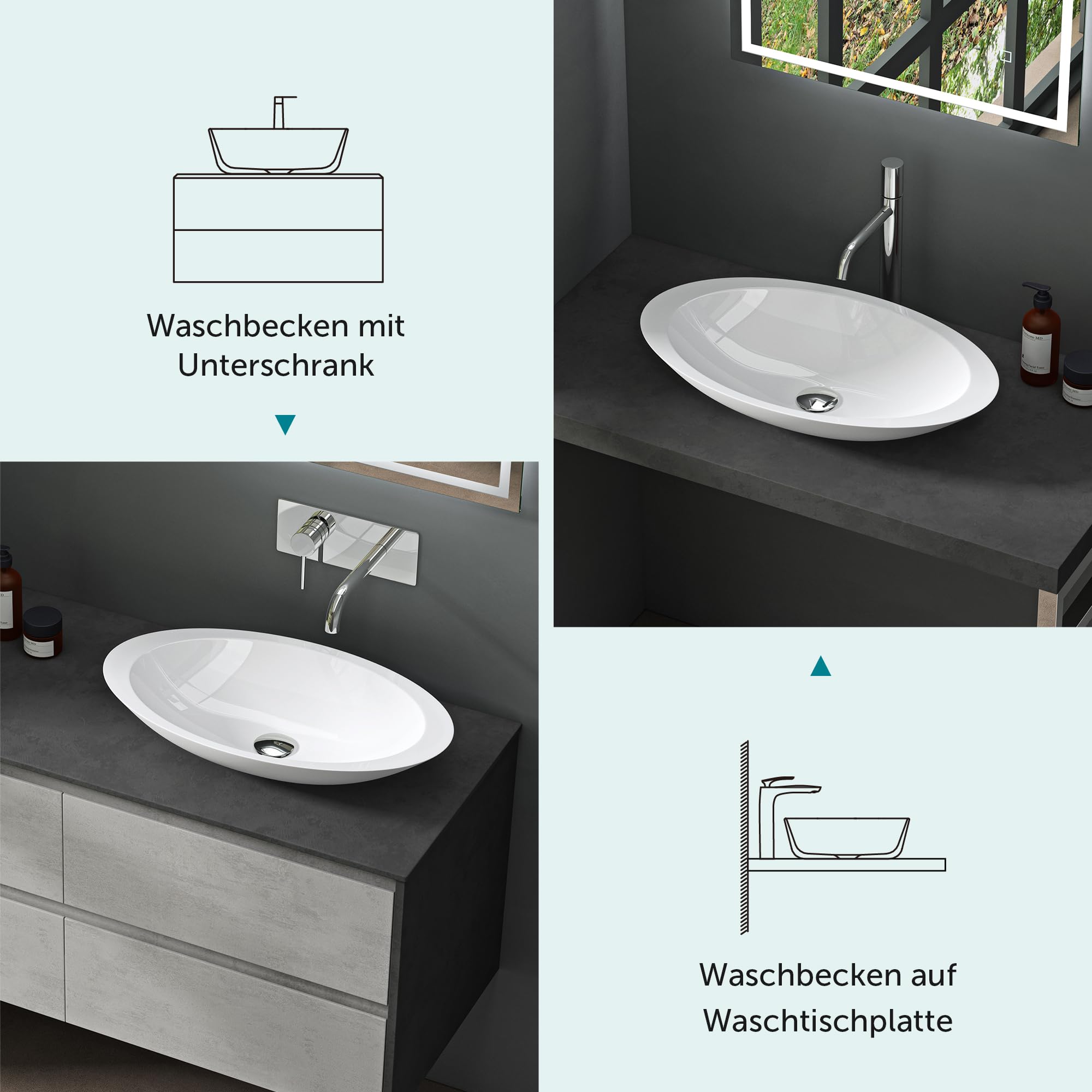 Mai & Mai Waschbecken mineralguss Aufsatzwaschbecken Waschschale Waschtisch in Weiß Col802