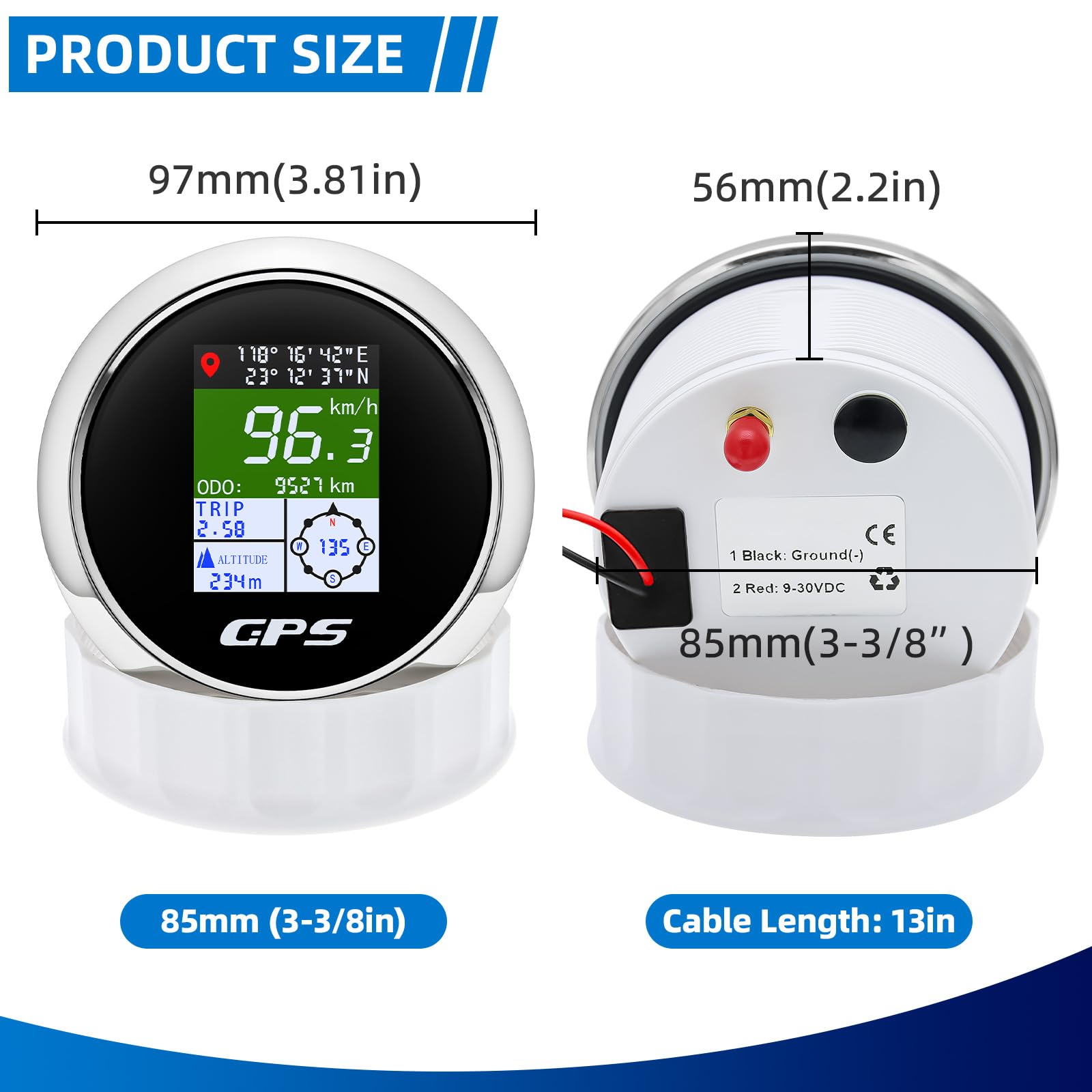 Tachimetro GPS da 85 mm con schermo a colori TFT – impermeabile digitale e odometro, regolabile per km/h, MPH, nodo – per auto, barca, moto, camion