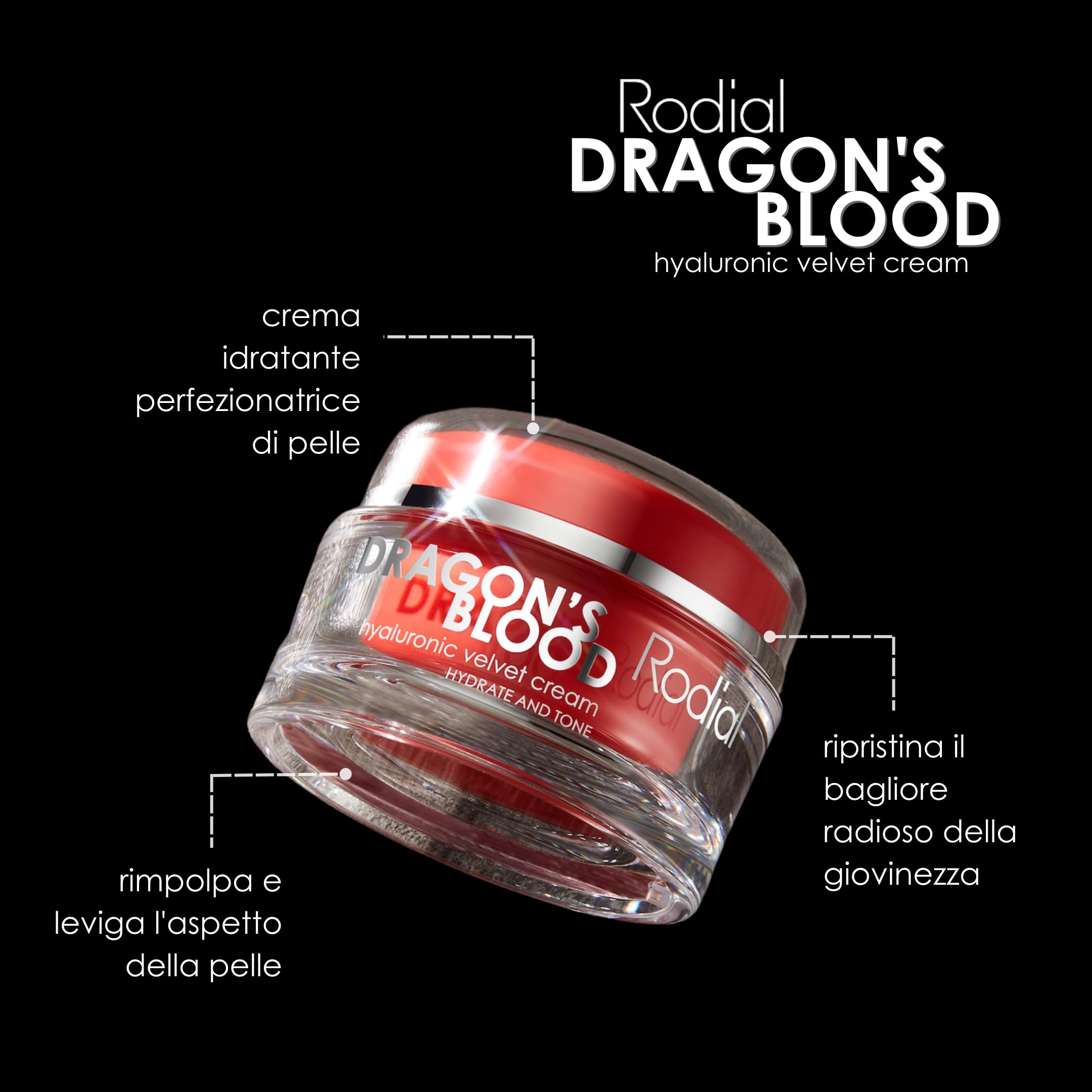 Rodial Dragons Blood Hyaluronic Velvet Cream 50ml - Acido Ialuronico, Hydromanil e Squalano per Comfortare e Rimpolpare la Pelle Secca - Texture Burrosa e Lussuosa - Cura Giorno e Notte