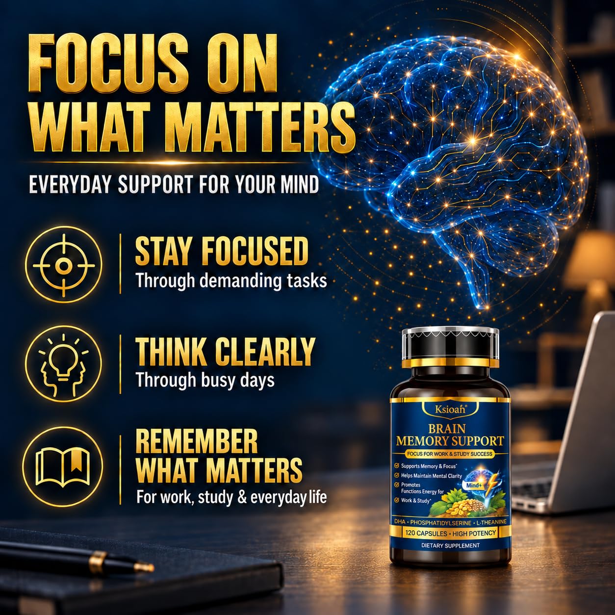 Brain Supplements for Memory and Focus - Advanced 12-in-1 Supplement with DHA, Phosphatidylserine, L-Theanine, Vitamin B12 & B6, Brain Health for Clarity, Energy & Cognitive Support, 120 Capsules — Amazon image 3
