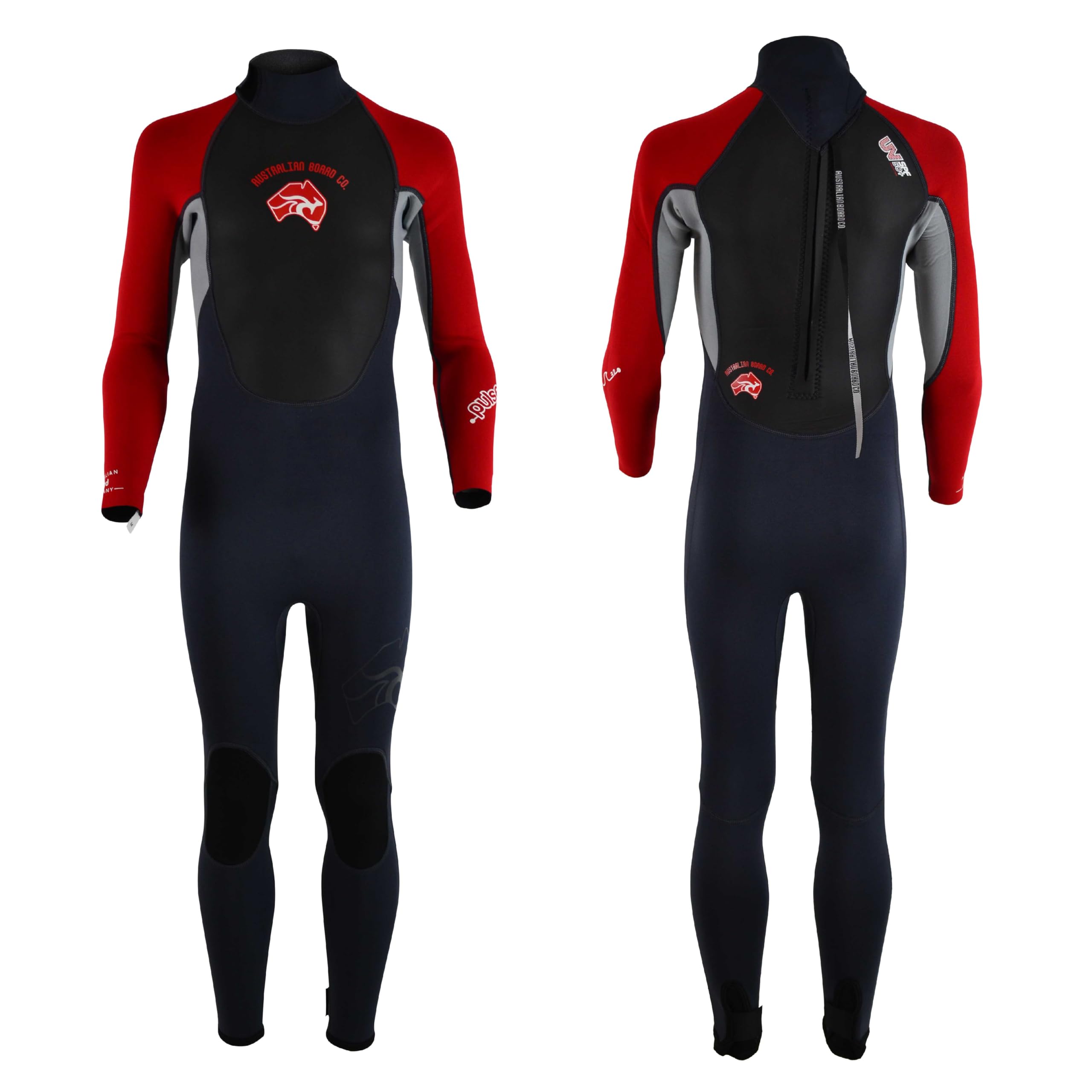 Australian Board Co | Kids Summer Wetsuit | PULSE Full Length Wetsuit | 3/2mm | Soft and Stretchy | UV Protection | Red | UK Size Medium