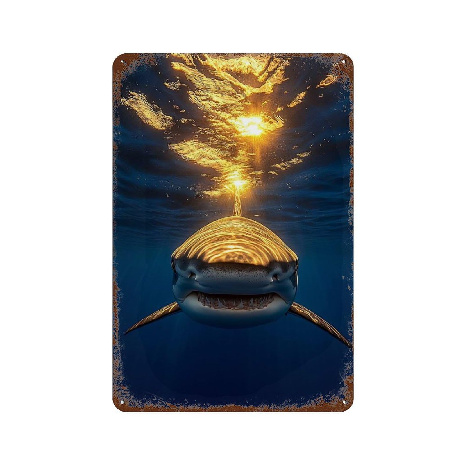 Garage Style Shark Underwater with Sun Reflection Aged Metal Wall Plaque 11.8"x7.9", Novelty Wall Decor for Bar And Workshop