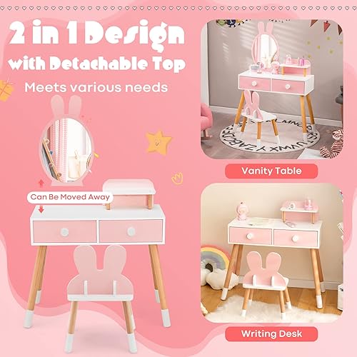Miniatura 4 de HONEY JOY Juego de mesa y silla de maquillaje de madera con temática de conejo para niños pequeños con 2 cajones grandes, patas de madera de haya,
