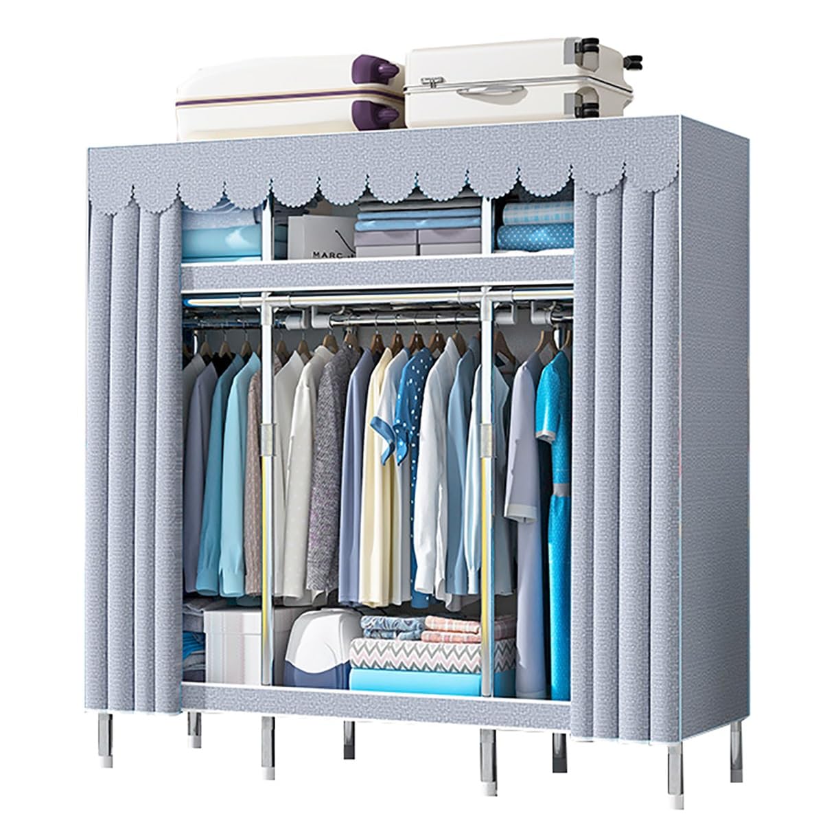 Armadio in Tessuto Portatile per Appendere Abiti con 3 Aste Appendenti e 3 Ripiani Appendiabiti in Metallo con Cerniera per Camera da Letto Facile da Montare (Colore: Blu, Dimensioni: 145 *