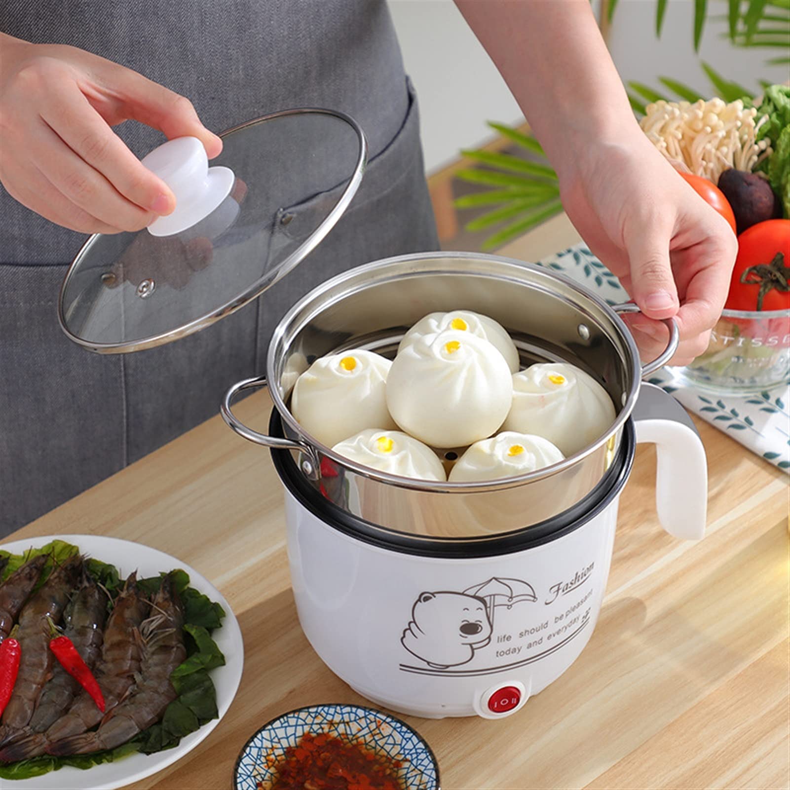 Padella Elettrica, Mini Padella Elettrica Antiaderente con Coperchio, Cuocipasta Rapido da 1,8 L, Fornello Elettrico Multifunzione con Vaporiera, Rosa