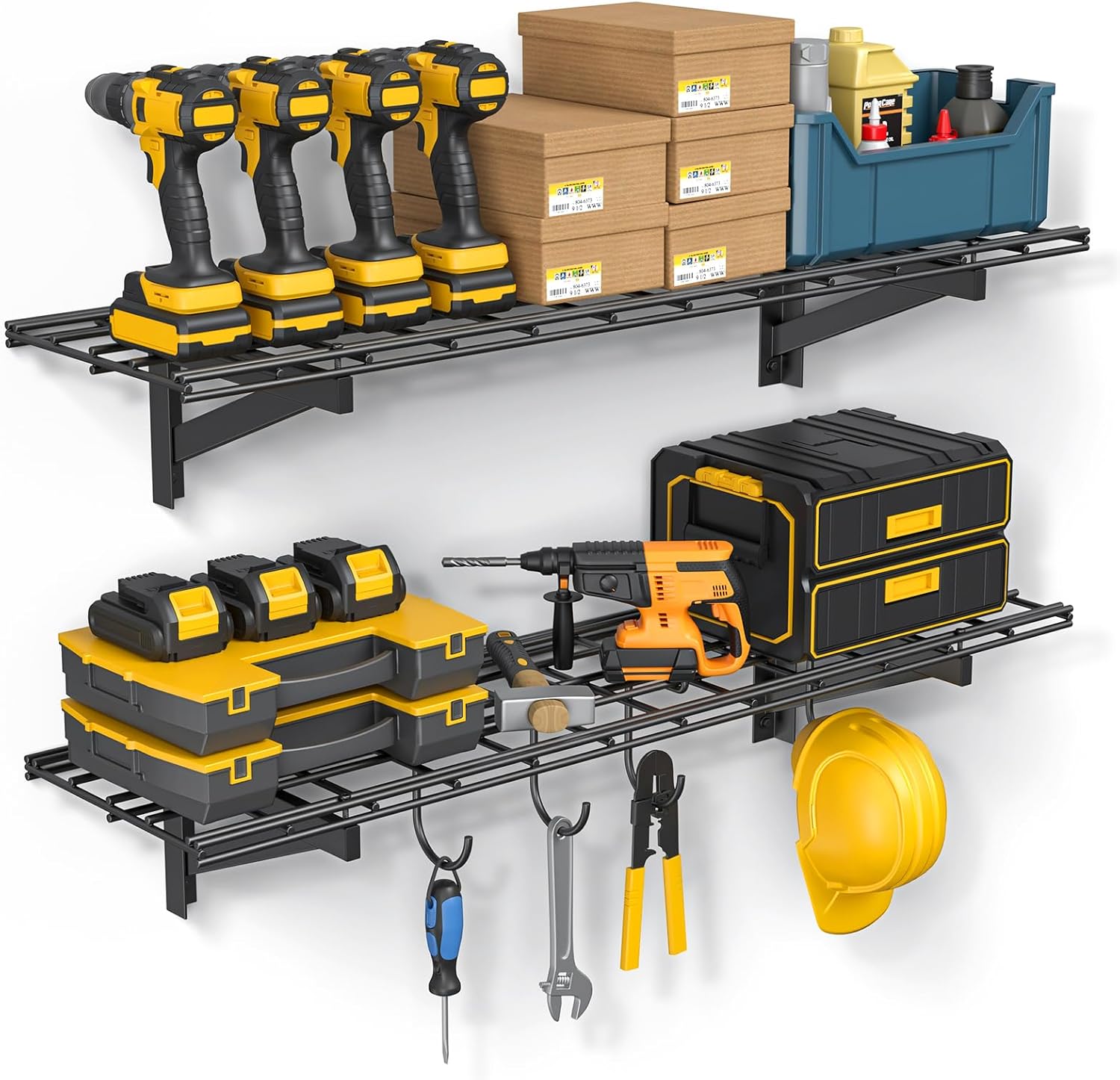 2 Pack Garage Shelving Wall Mount (1x4ft), Heavy Duty Iron Tool Organizer with 4 Hooks, 700 lbs Capacity Garage Storage Rack for Workshop, Warehouse