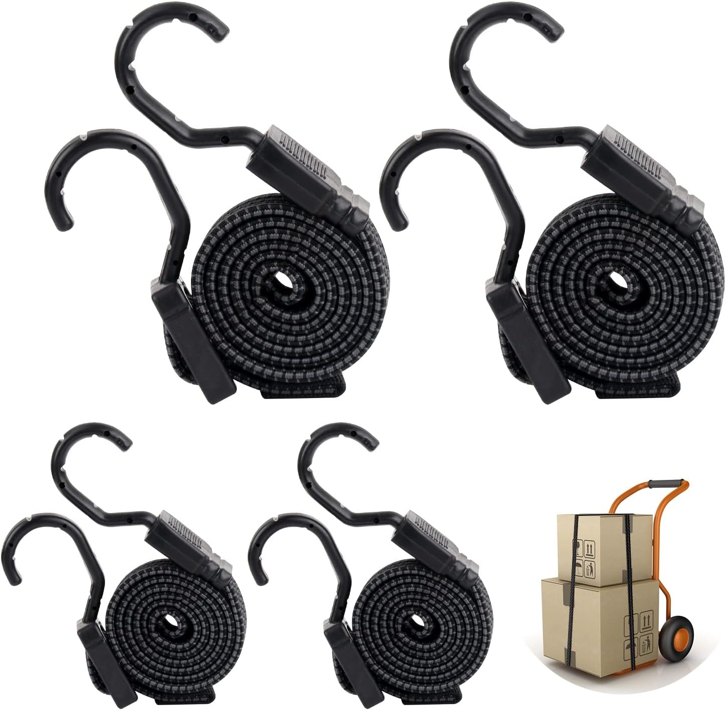 4 Pack Bungee Cords with Hooks, Adjustable Bungee Cords with Hooks