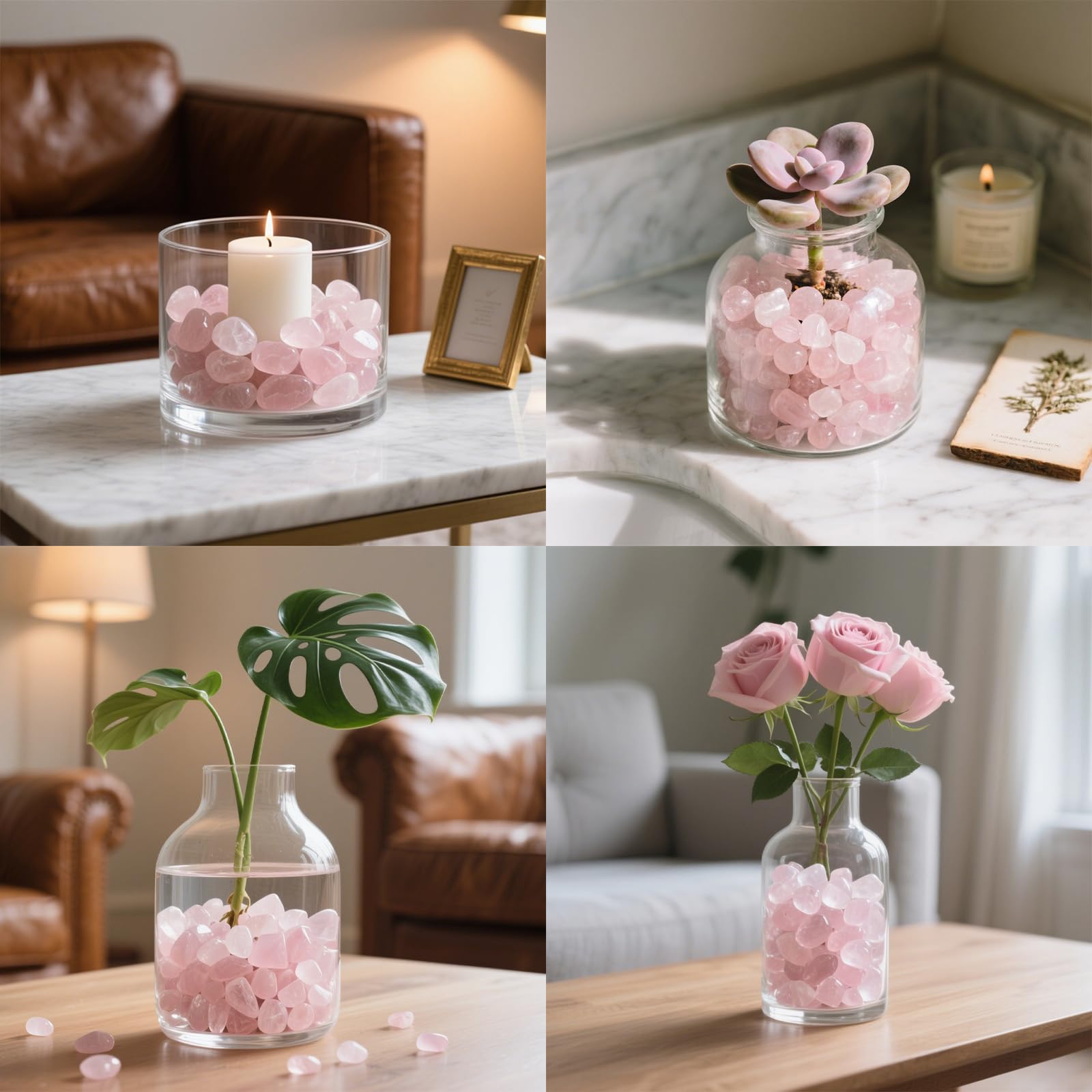 435 g de gravier décoratif pour aquarium - Rose quartz écrasé - Cristal naturel - Poli - Forme irrégulière - Vase - Pierres juteuses