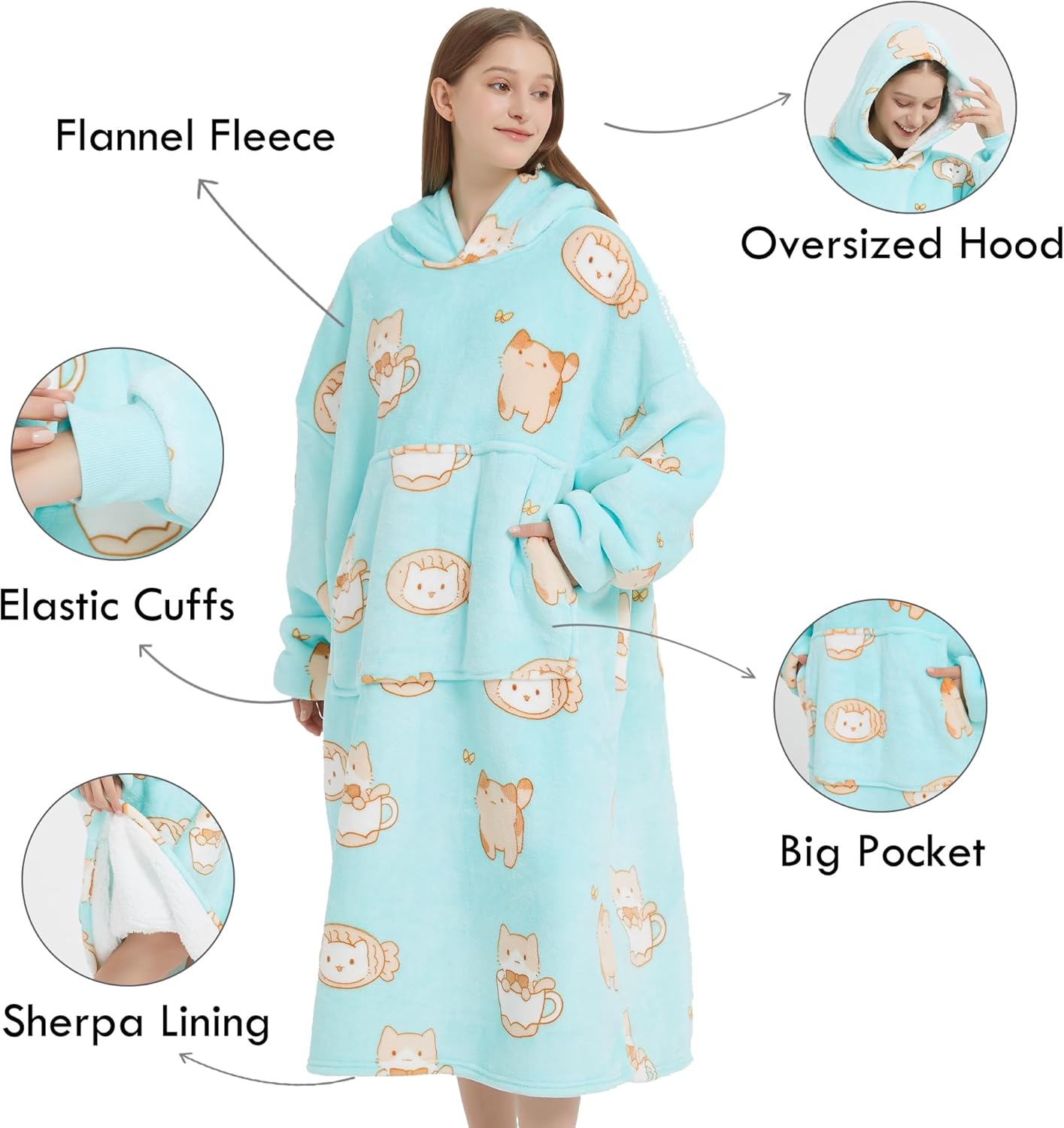 Wearable Blanket Hoodie Oversize Sherpa Fleece Hooded Blanket for Adults and Kids Cozy Sweatshirt for Women Men - Image 2