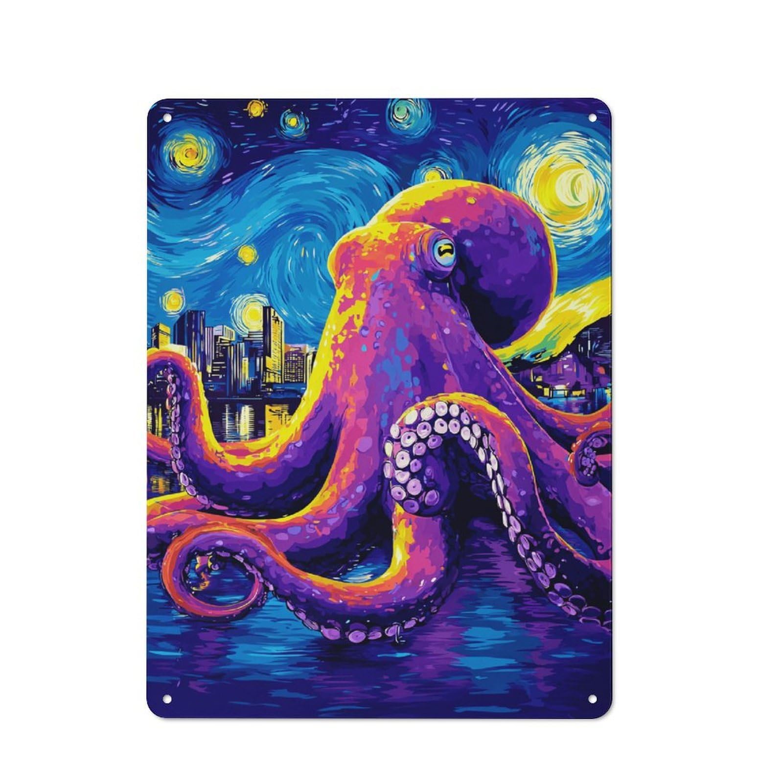 Junmoney Cityscape With Colorful Octopus Rustic Metal Plaque 40X30cm For Hobby Room Or Studio, For Creative Interior Collectors