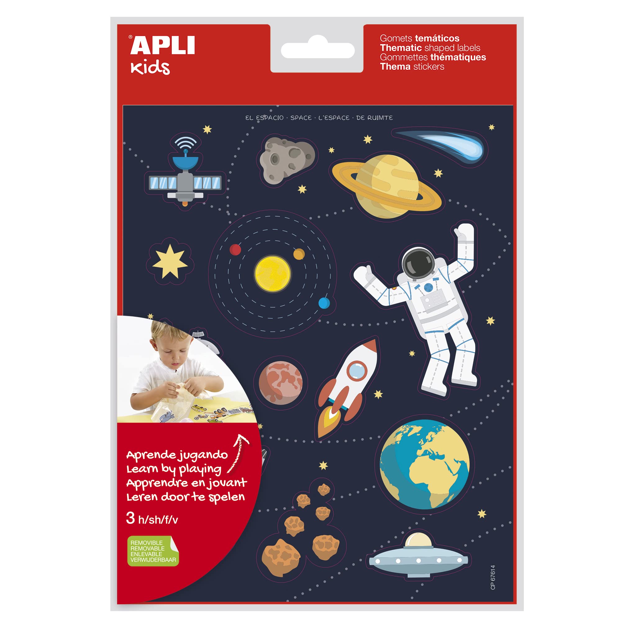 APLI Kids 19225 - Bolsa de gomets con temática espacial de adhesivo removible - 3 hojas de pegatinas educativas Espacio