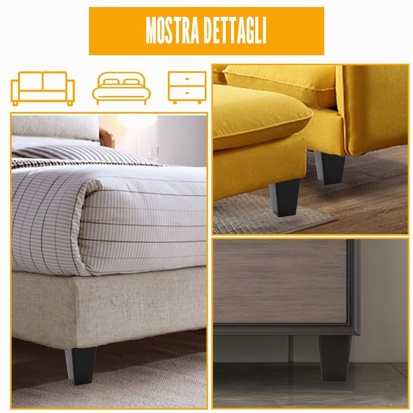 8 gambe di ricambio per divano, altezza 10 cm, piedini di ricambio per mobili in legno massello, bulloni M8 con piastra di montaggio e viti, per divano, poltrona, cassettiera, nero