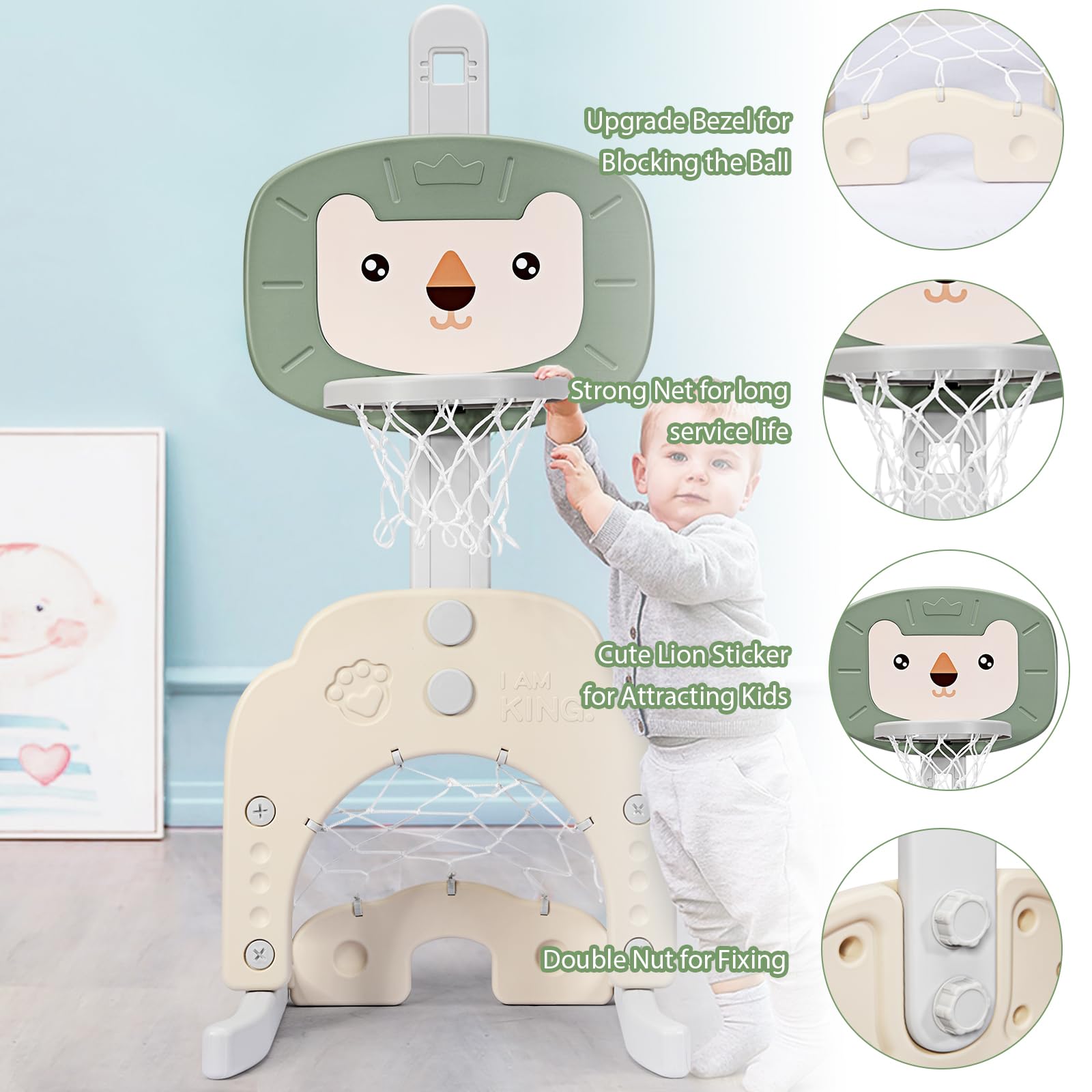 HOMASIS 3 in 1 Kinder Basketballkorb Set, multifunktionaler Basketballständer mit Fußballtor & Golf für Kleinkinder, höhenverstellbarer Basketballkorb mit Ständer inkl. Bälle & Golfschläger
