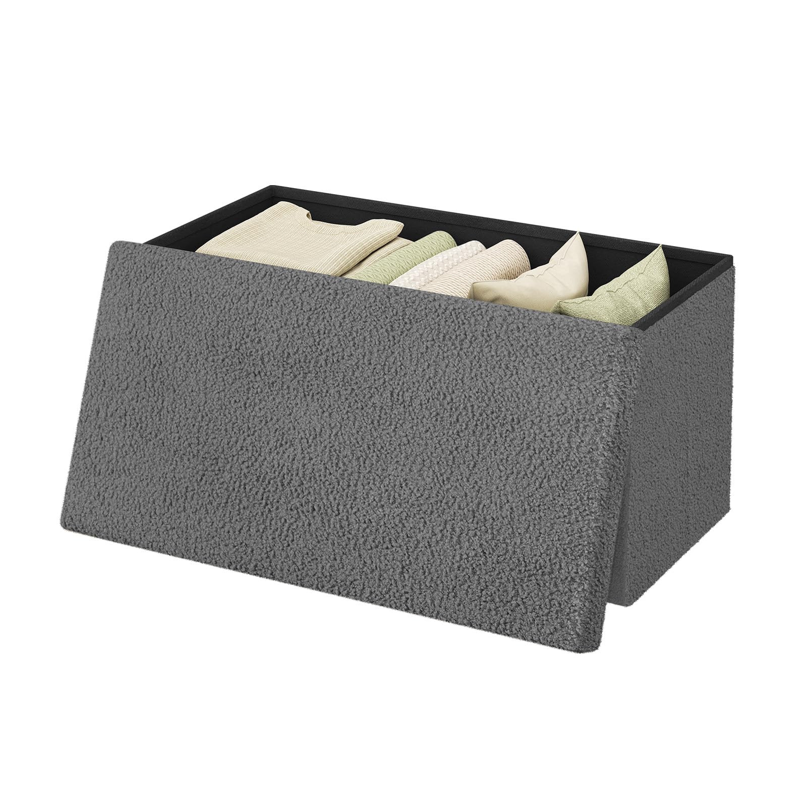 WOLTU Taburete Almacenaje Plegable, Baúl Almacenamiento, Taburete Puff Reposapiés para Sofá y Cama, con Tapa Extraible, Tapizado en Tela Polar Teddy, 80 L, 76x38x37 cm, Gris Oscuro