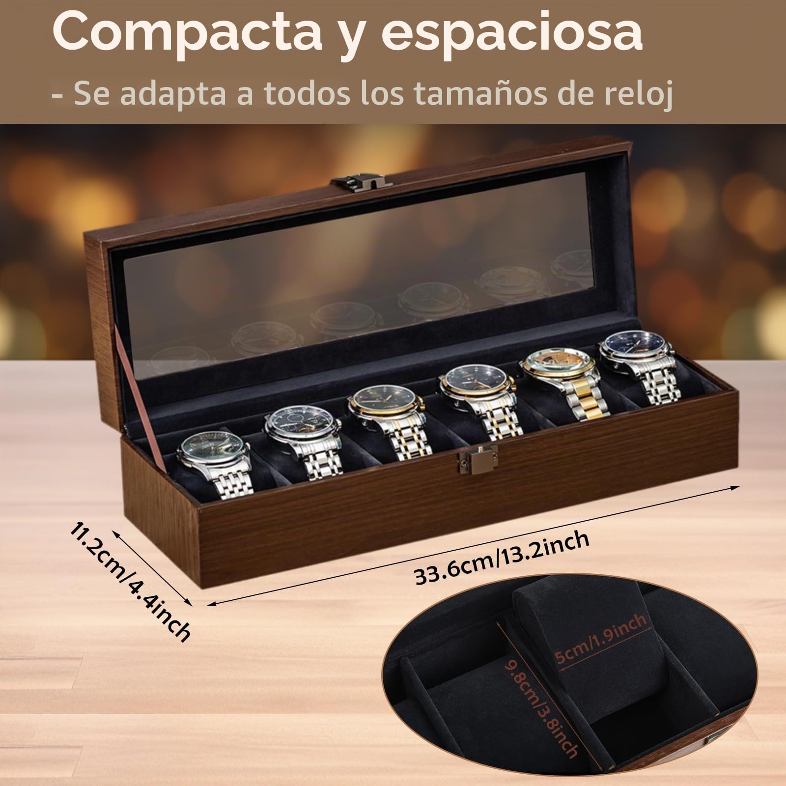 Windfromort Caja para Relojes de Madera, 6 Compartimentos, Nogal Marrón - Acabado de Nogal, Tapa de Vidrio, Cojines Extraíbles y Cierre Metálico | Ideal para Almacenamiento y Exhibición