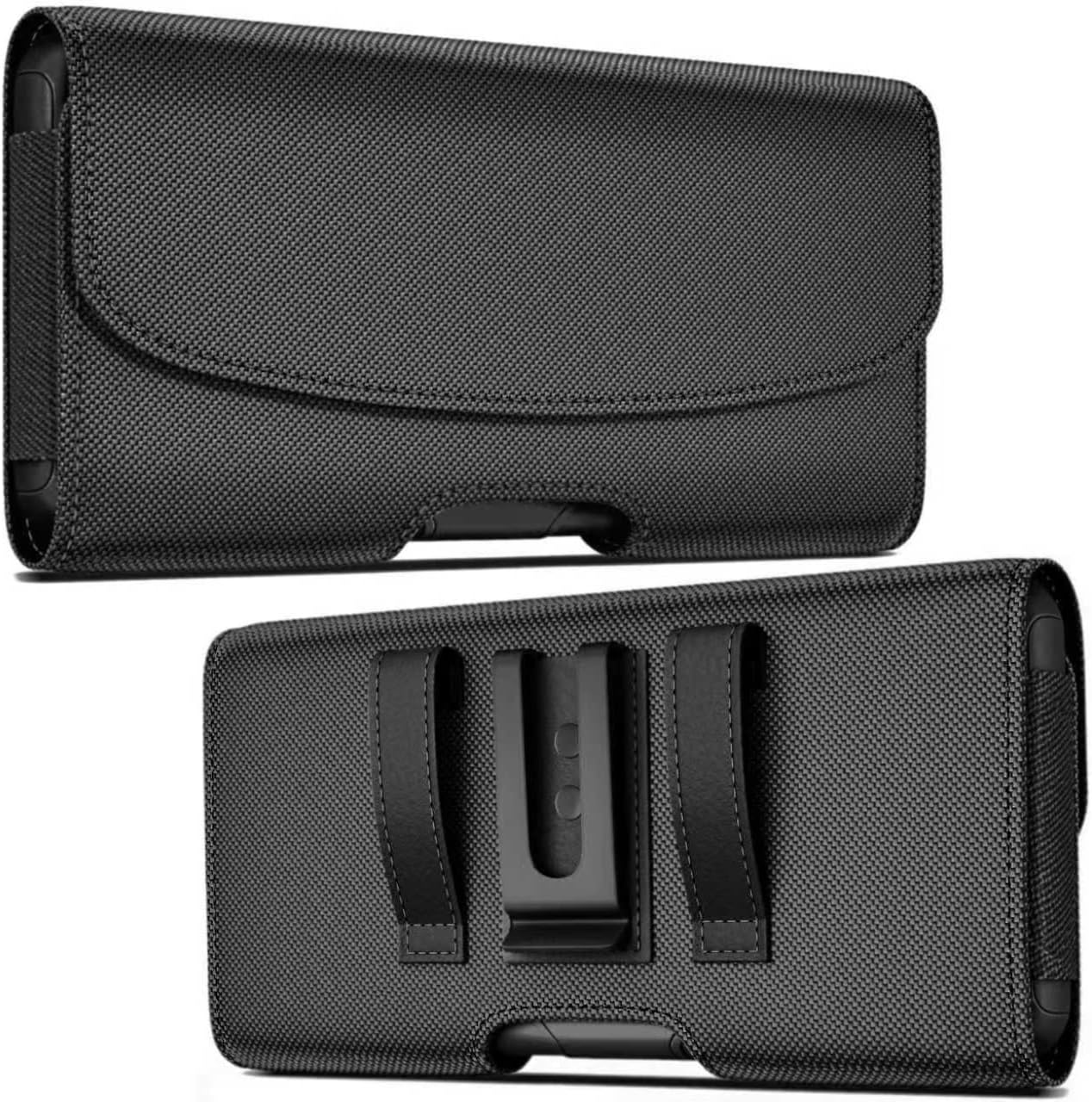 De-Bin Case for iPhone 15, 15 Pro, 14, 14 Pro, 13 Pro, 12 Pro, 12, 11, Xs, X XR, Cell Phone Belt Holder Holster Case with Belt Clip Nylon Pouch Cover (Fits iPhone with Protective Case on) Medium Black