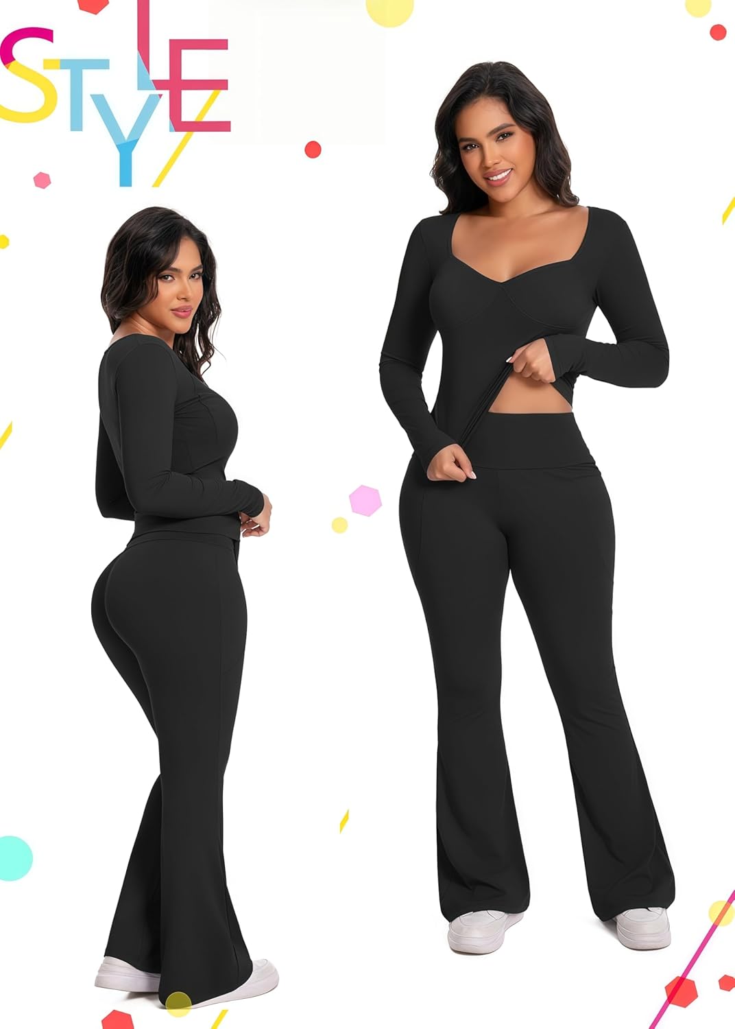 Women's Casual 2 Piece Yoga Pant Outfit Long Sleeve V Neck Top & Flare Leggings Sets - Image 4