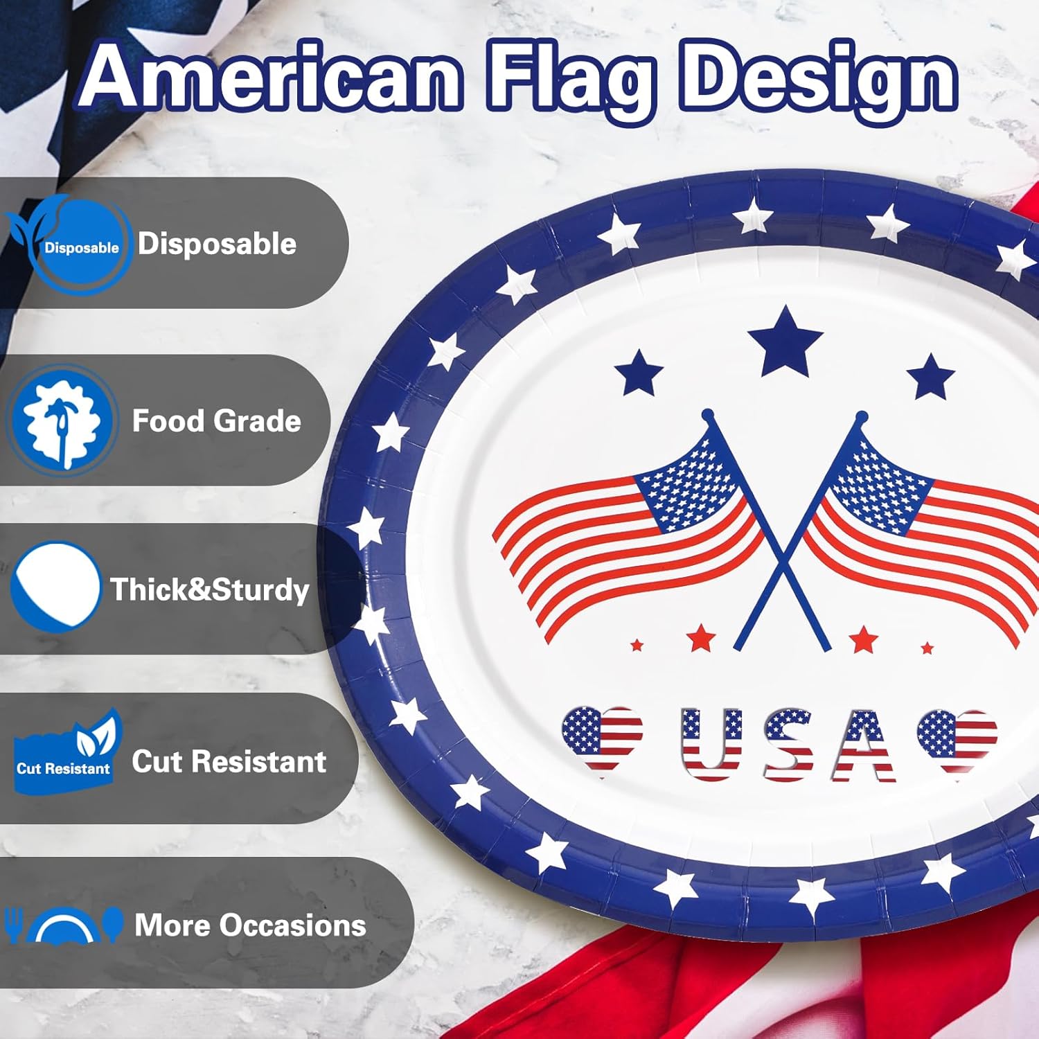 50 Count 4th of July Plates Oval Blue Paper Plates 12 inch x 10 inch - Patriotic Decorations for Memorial Day, Independence Day, World Cup