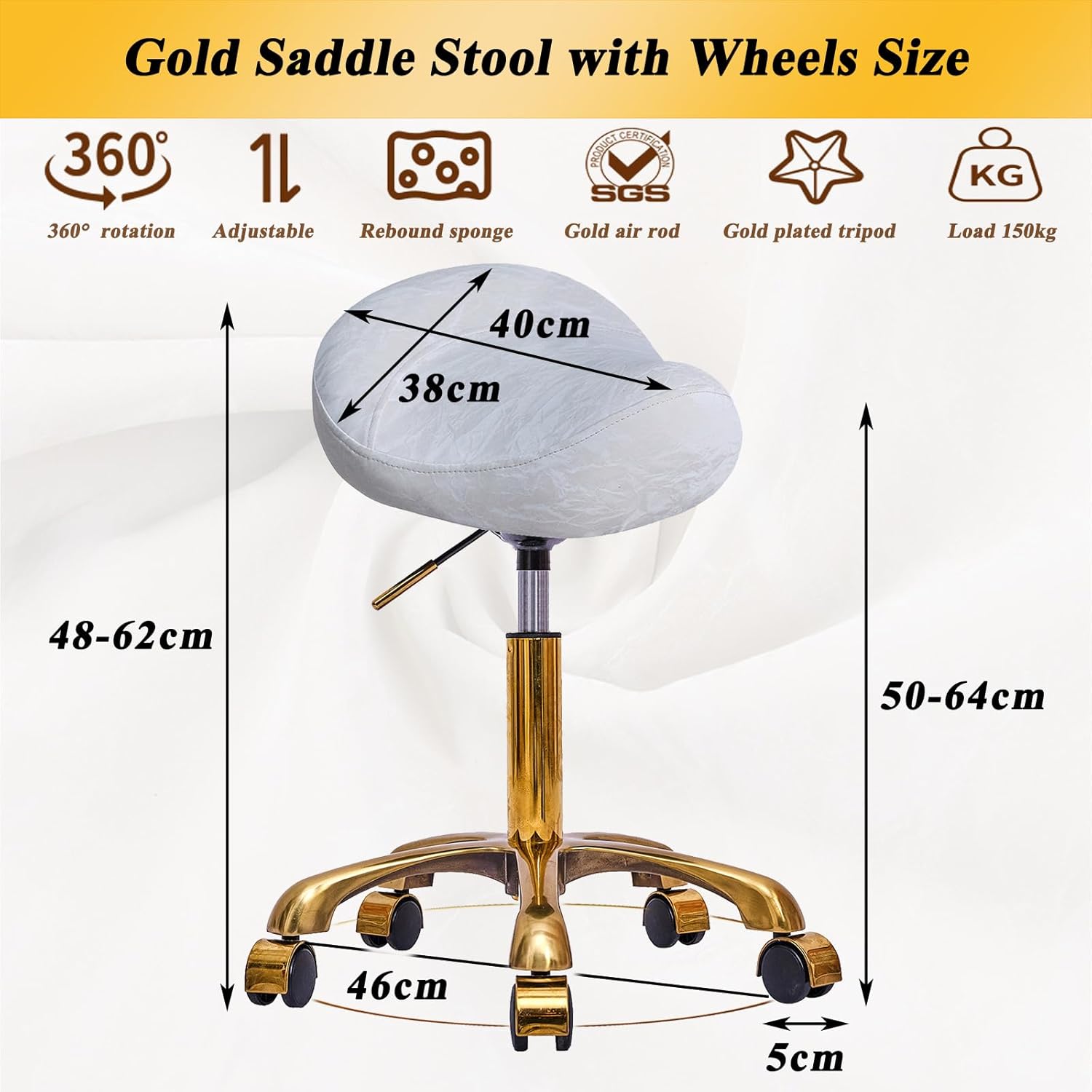 Saddle Stool Gold Rolling Stool with Wheels, PU Leather Roller Vanity Chair, Height Adjustable Swivel Saddle Chair for Pedicure, Tattoo, Massage, Salon, Spa (White)