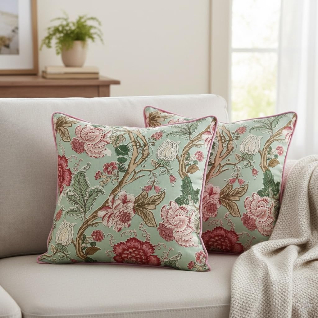 Botanical Cotton Cushion Cover Floral Prints | Throw Pillow Cover for Sofa & Living Room | MintPink Bloom 24x24 Inch | Set of 2-picture-29
