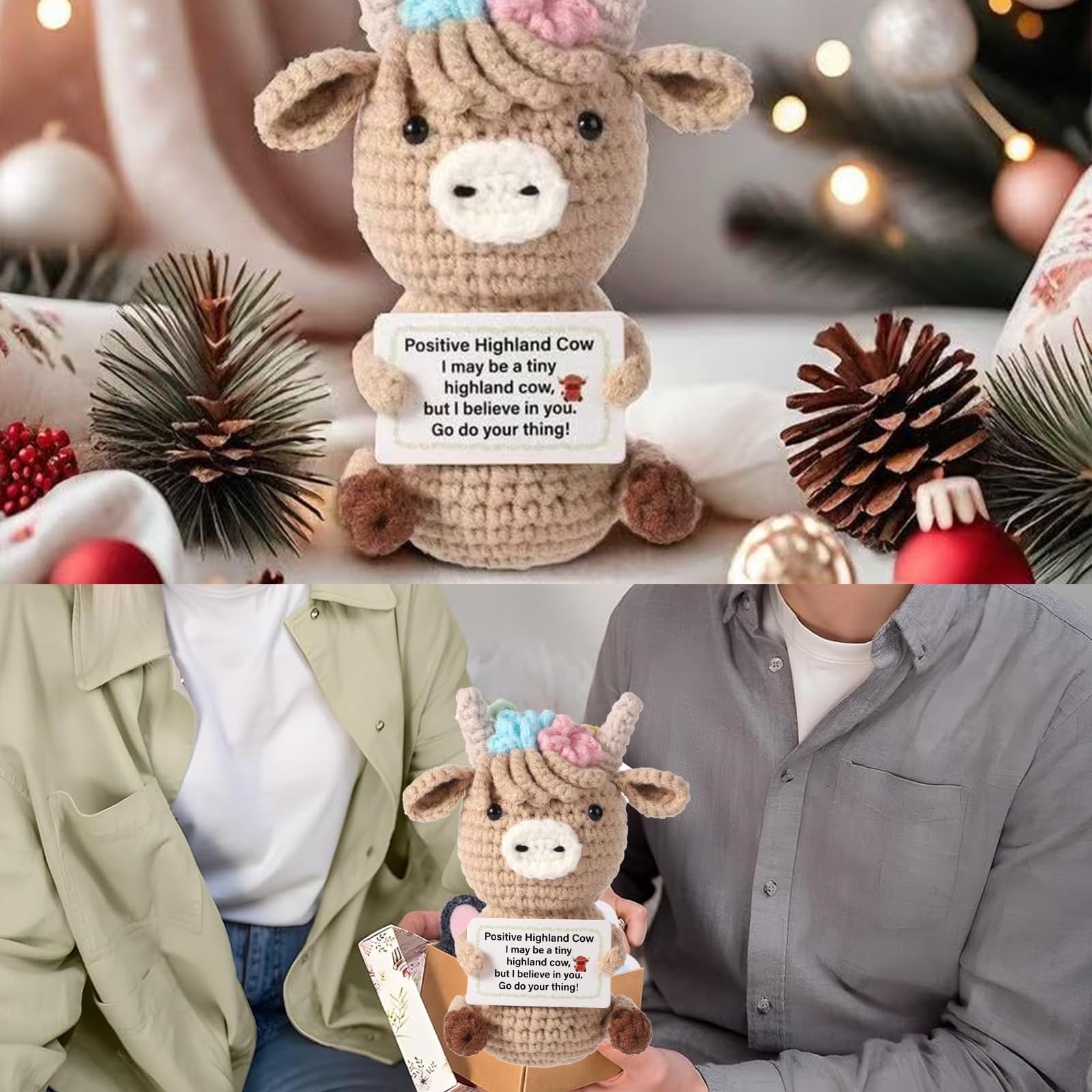 JNGTKL Highland Cow Knitted Toy - Woven Positive Emotional Gift - Crocheted Animal Ornament for Cheer, Khaki, 12cm x 8cm - Image 4