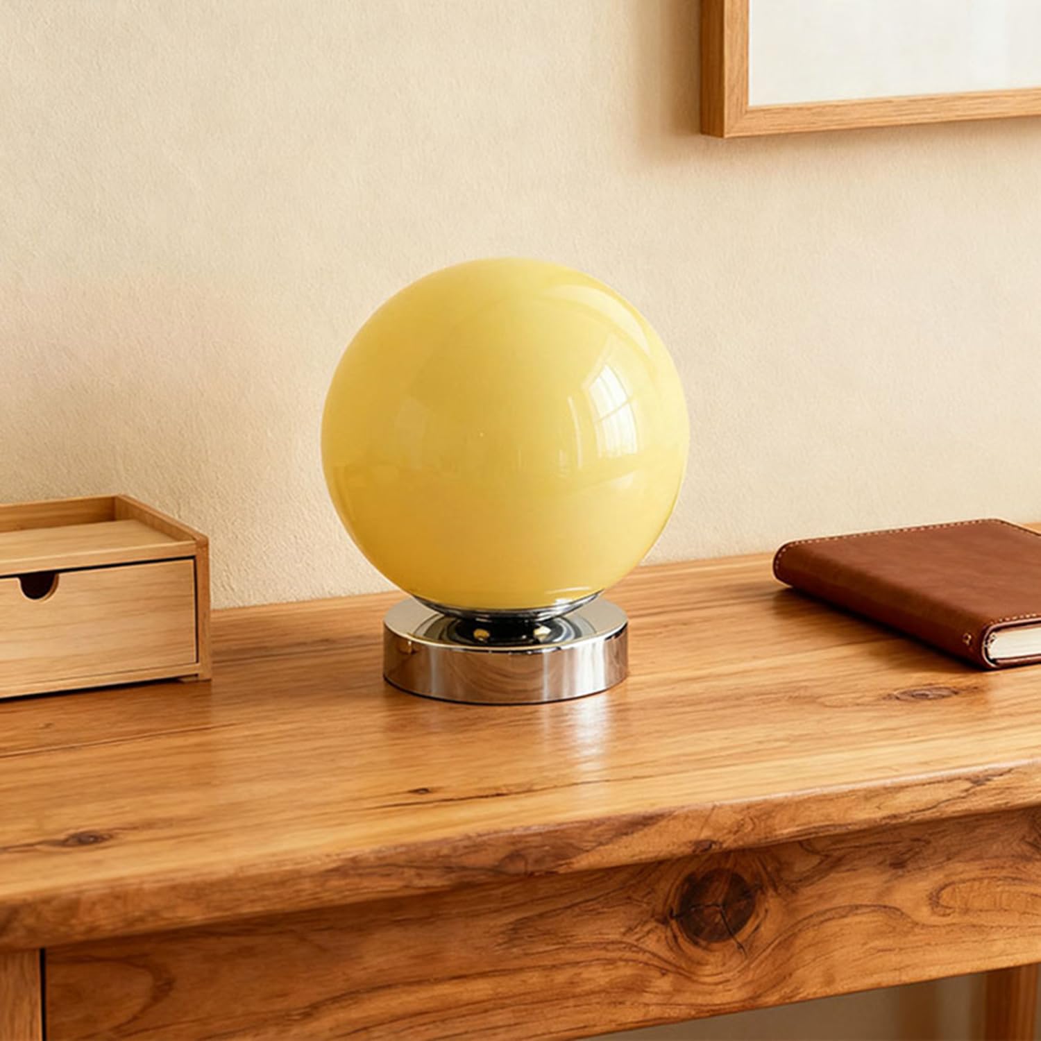 OOWOKS Lampada da tavolo a sfera in vetro senza fili comando touch ricaricabile via USB 3 temperature di colore LED dimmerabile lampada da comodino con batteria integrata base in metallo,Beige