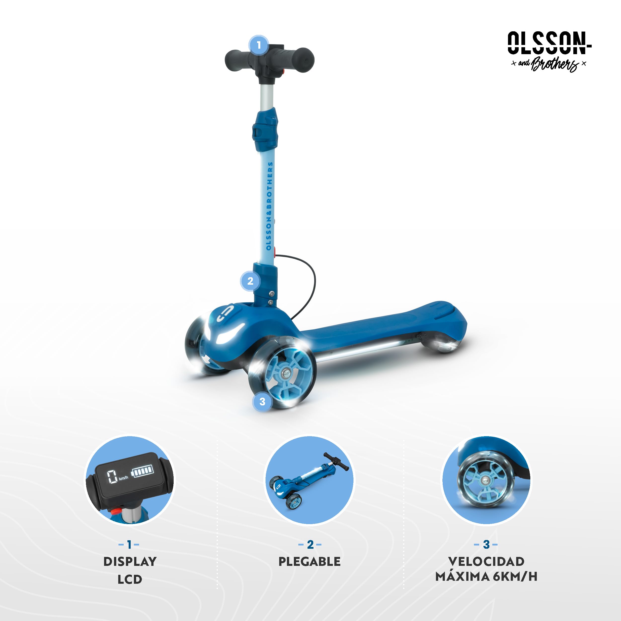 Patinete eléctrico niños 3 Ruedas OLSSON Glide Potencia 60W - 2000mAh - 8km autonomía - Velocidad máxima 6km/h - Plegable - Ruedas LED - Altura Regulable