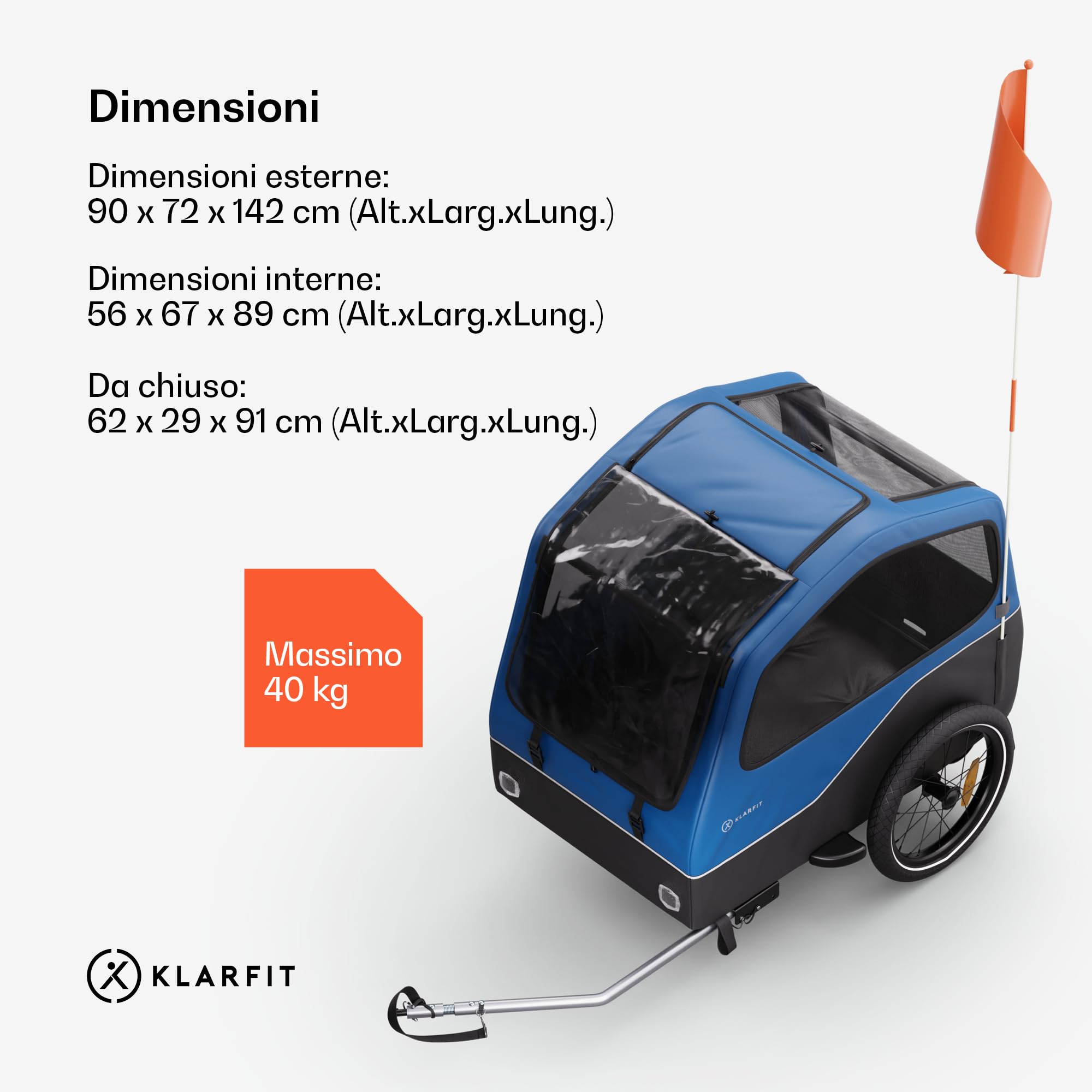 Klarfit Goldie Home - Rimorchio da Bici per Cani, Volume di 334L, Idrorepellente, Catarifrangenti & Bandierina di Sicurezza, Capacità di Carico di 40kg, Pieghevole, Ruote da 16 Pollici, Blu
