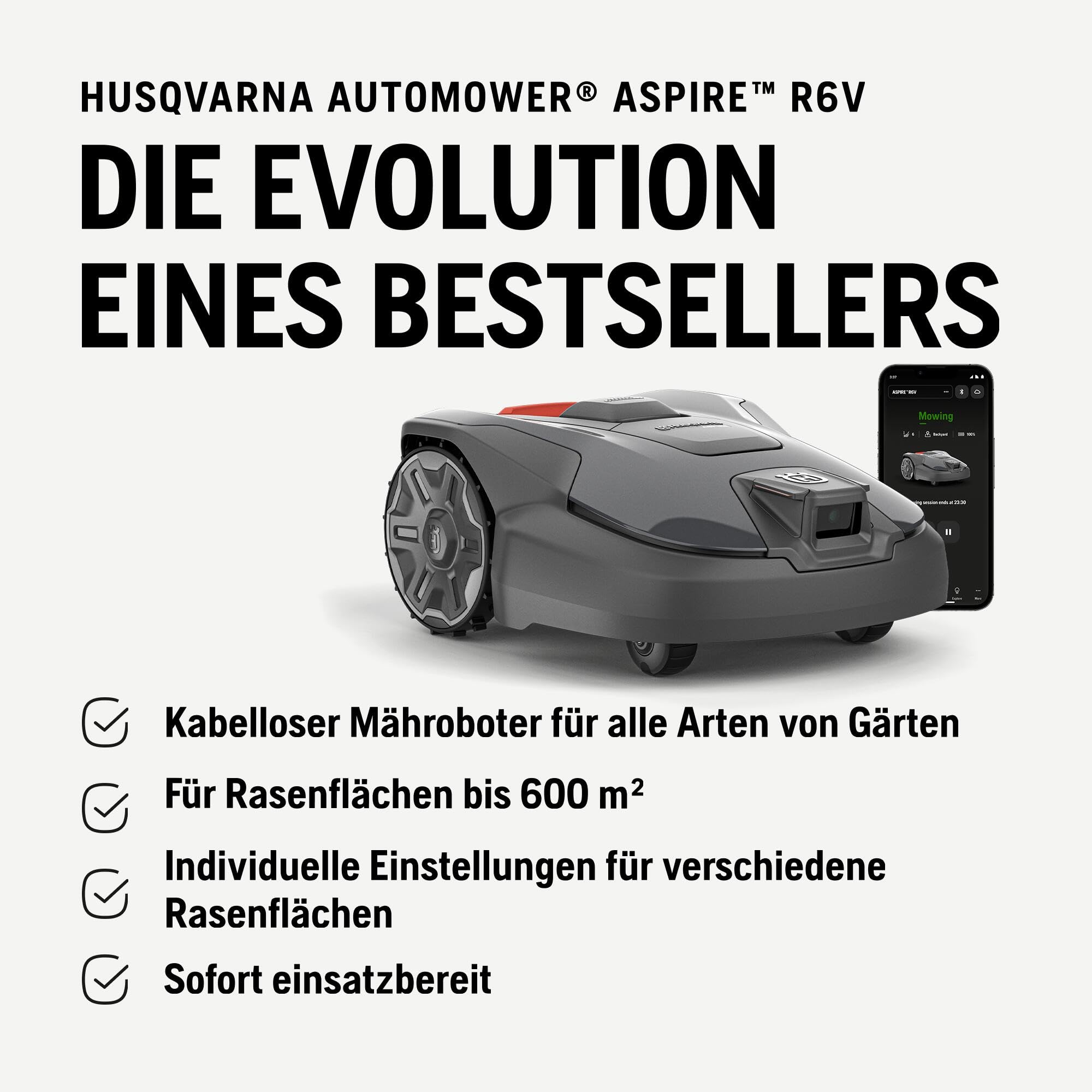 Husqvarna Automower® Aspire R6V Mähroboter ohne Begrenzungskabel | AI-Vision, GPS-Navigation. Für Rasenflächen bis zu 600 m² entwickelt - WiFi-Abdeckung benötigt
