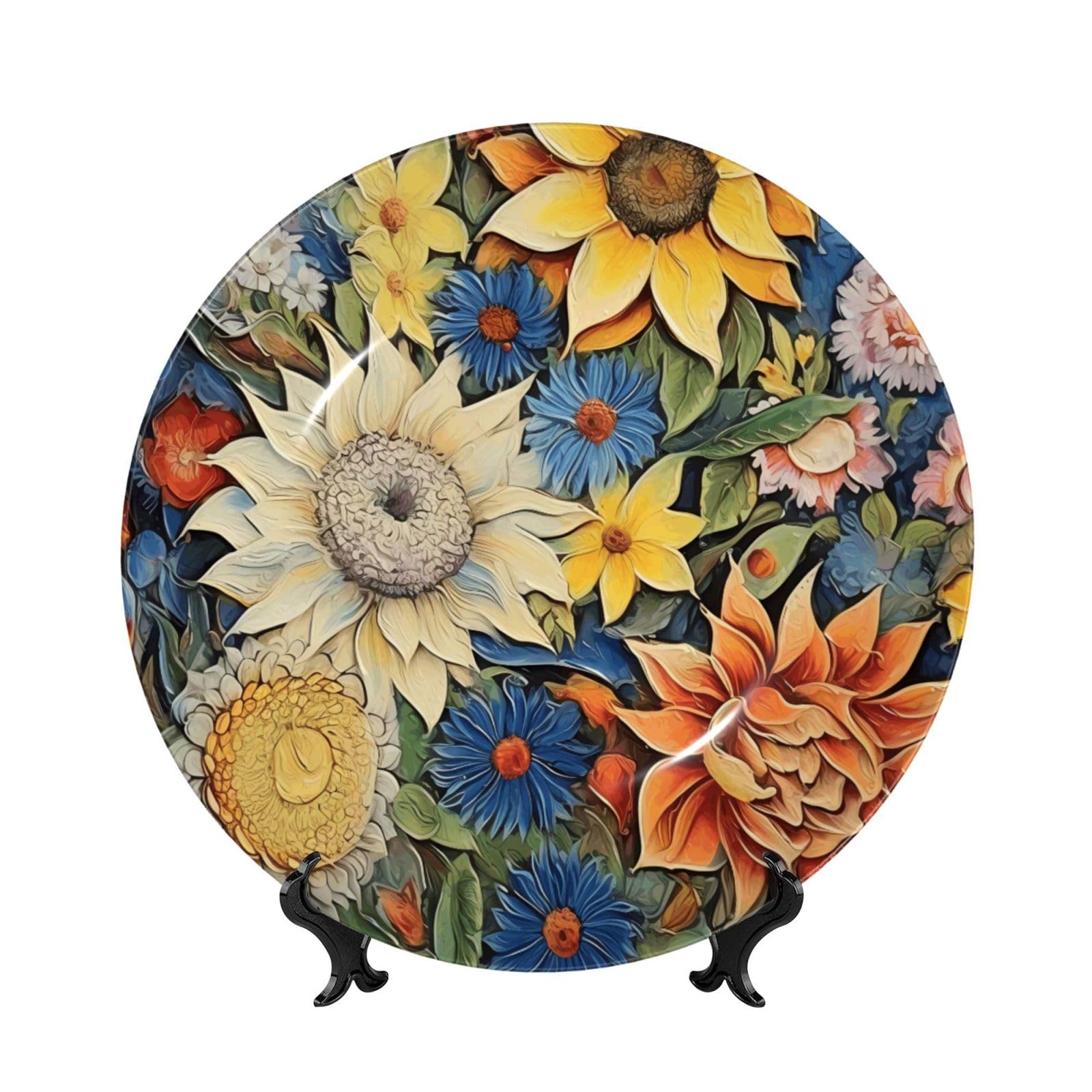 SXZVVBN Oil on Canvas Sunflower Bone China Decorative Plate Art with Stand Removable Adhesive Hanging for Home Office 6in（15cm）