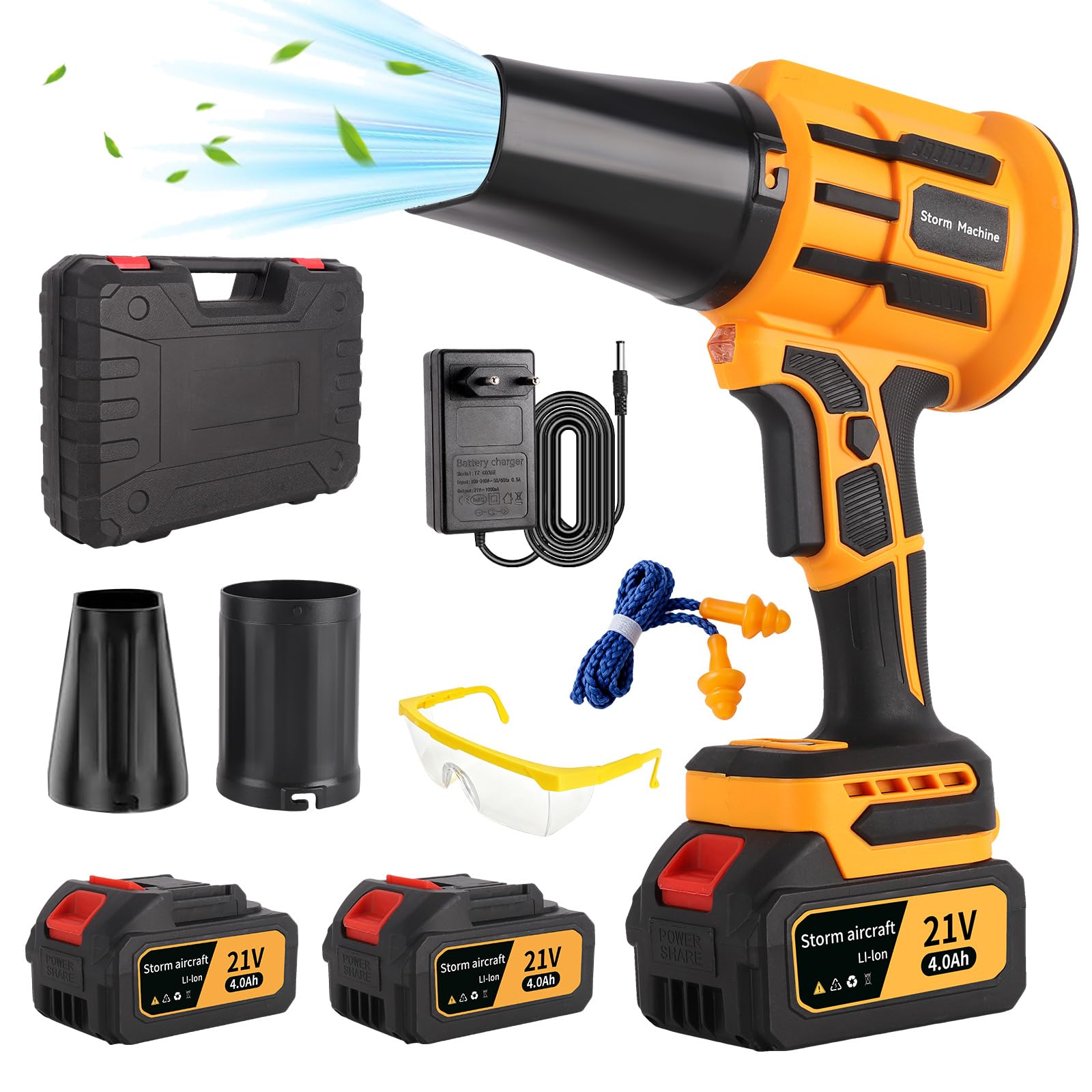 Soffiatore a Batteria Potente Elettrico Foglie Giardino Soffia Auto Soffione Potentissimo Leaf Blower Aria Compressa 21V Soffiatori Ricaricabile 40000RPM con 2 4.0Ah Batterie, Caricabatterie,2 Ugelli