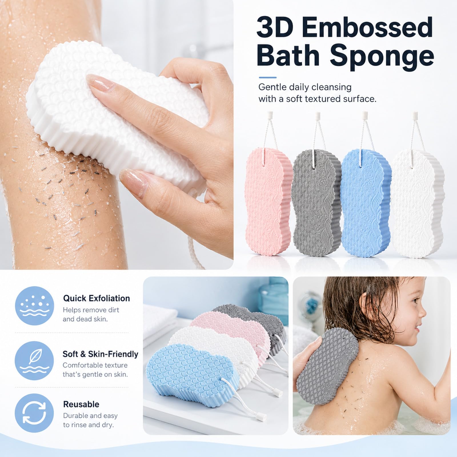 Japelessor Super Soft Exfoliating Bath Sponge, Exfoliator Dead Skin Remove, 3D Bath Sponge Shower Brush, Sponge Bath Sponge for Adults Children and Pregnant Women (A-Pink) 2