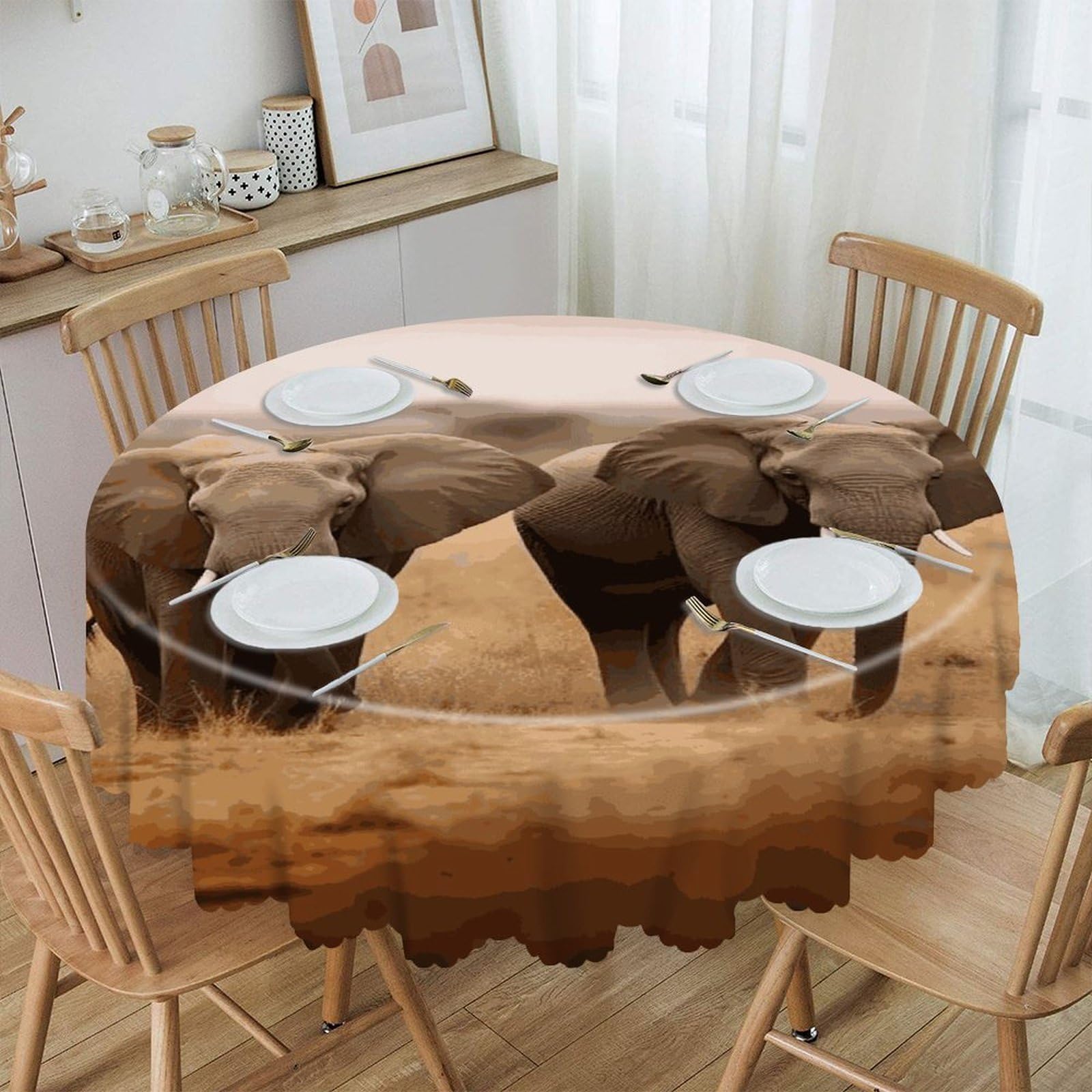 VstaDank - Wild Animal Elephants Round Tablecloth 60 Inch Easy Clean Round Thick Decorative Polyester Tablecloth for Dining Kitchen Party Farmhouse Outdoor
