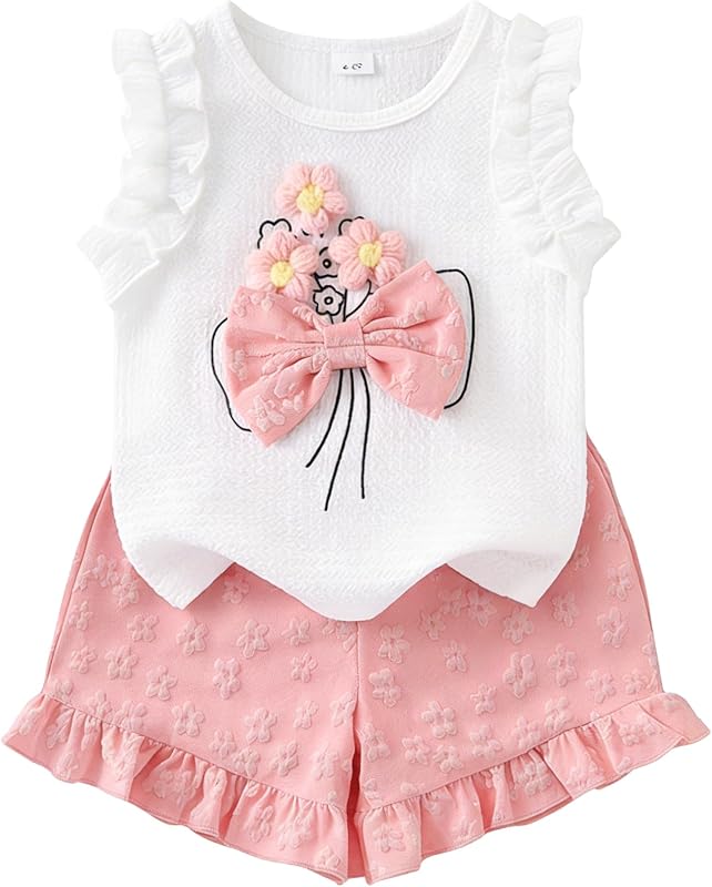 Ayzozuy Kid Girl Clothes Shorts Set 2 Piece Outfits Summer Casual Short Sleeve Top and Shorts Set for Girls 4-7
