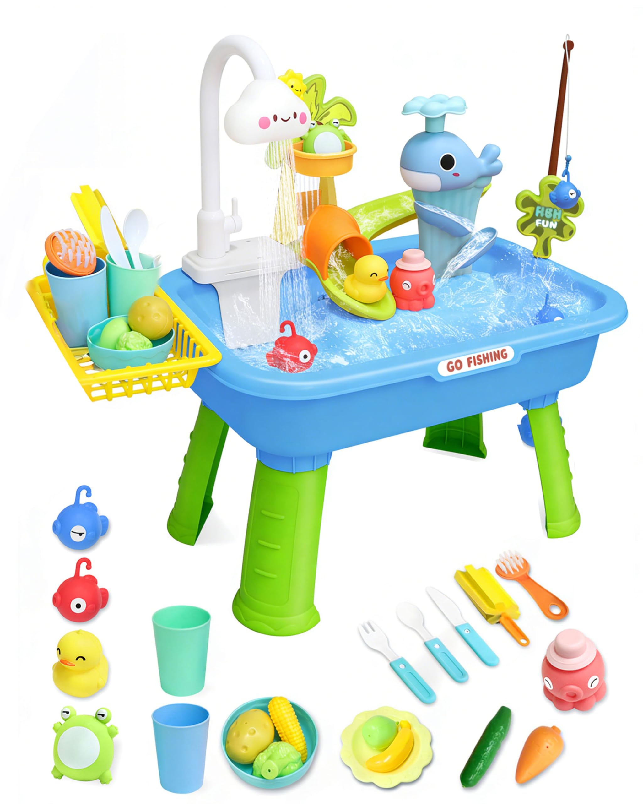 4-in-1 Electric Water Table for Toddlers 3-5, Kids Play Sink with Running Water & Cloud Faucet, Toddler Outdoor Water Table with Fishing Game & Accessories, Sensory Birthday Gift for Boys Girls 
