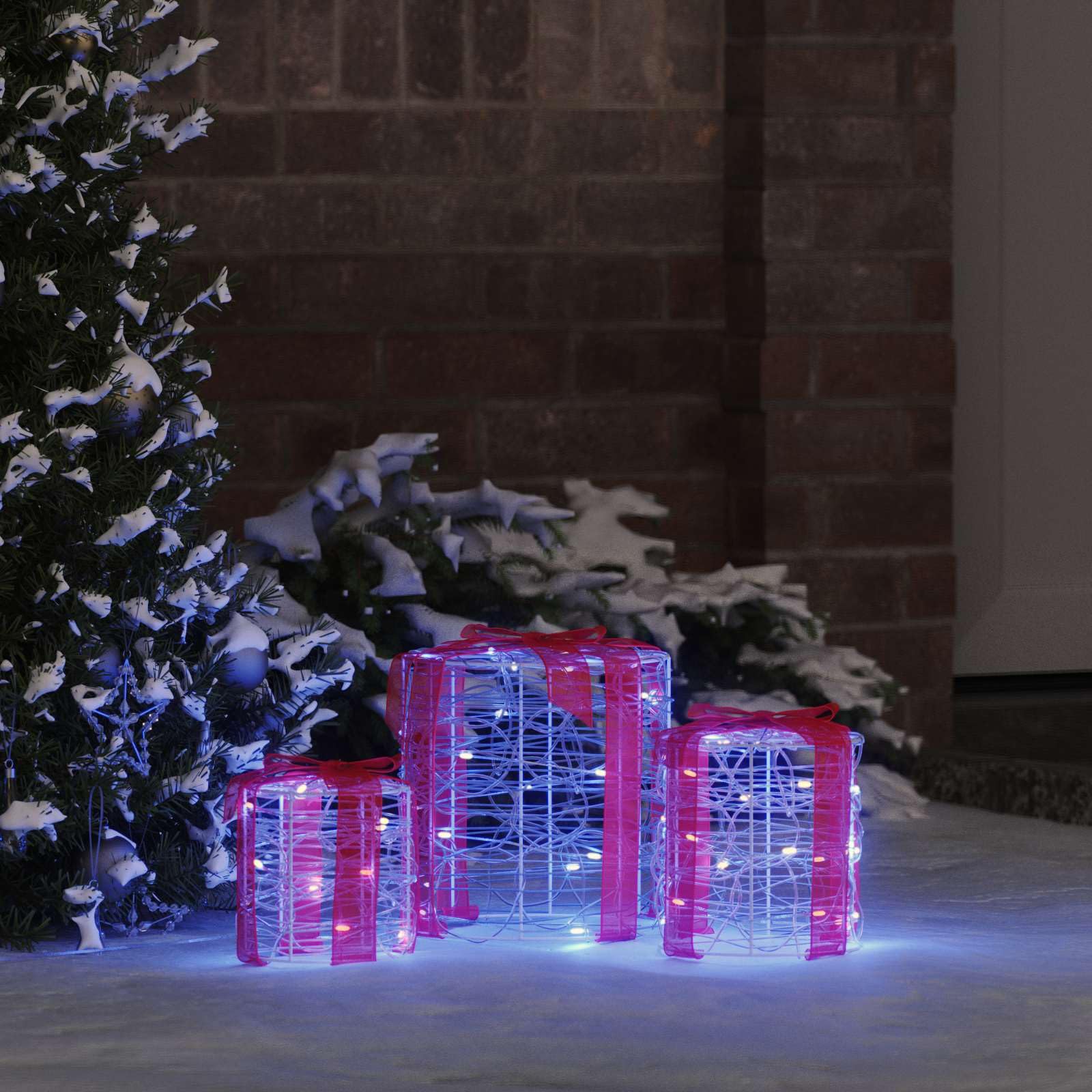 Pudełko na prezent, dekoracja, niebieski, akryl, 20 x 20 x 21 cm, 3 sztuki ze zintegrowanymi paskami LED do dekoracji choinki, świątecznej dekoracji i zimowej atmosfery