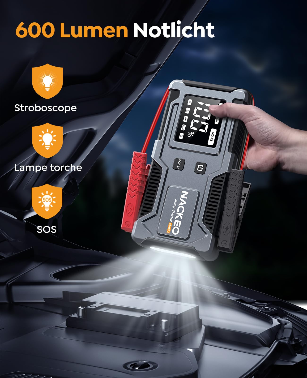 Starthilfe Powerbank 8000A,12V Batterie Booster (bis zu 9L Benzin und 7L Diesel), Auto Starthilfe mit integriertem Starthilfekabel, LED-Lampe & Display – ideal für SUV, Motorräder, Rasenmäher