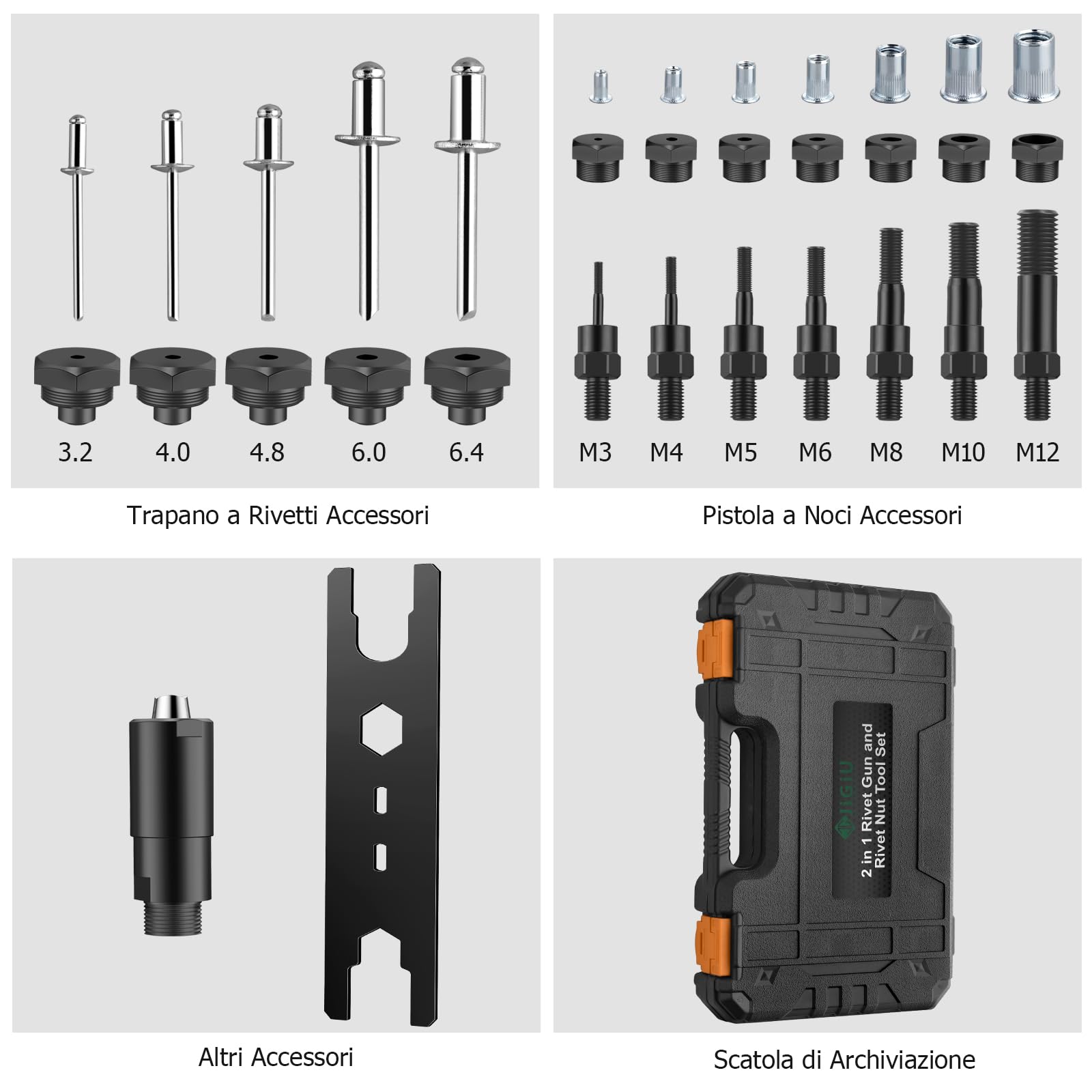 JiGiU Rivettatrice Professionale 2 in 1 per Inserti Filettati-7pz Mandrini Metrici 110 Dadi 5 Diverse Misure Doppio Manico di Rivettatrici-50 pz Rivetti per Lavori Edili-Nero Arancione
