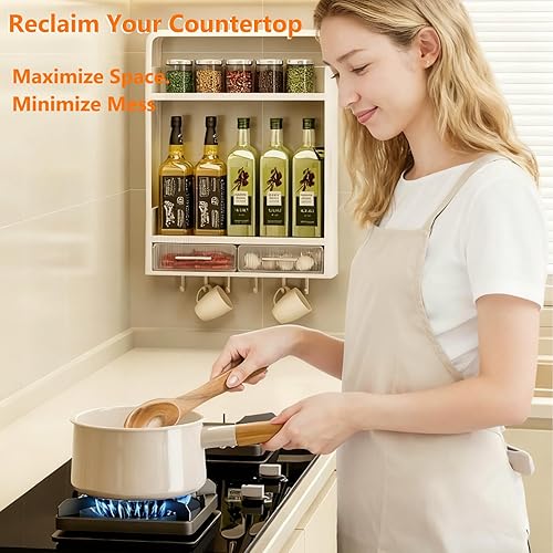 Miniatura 6 de Organizador y almacenamiento de despensa de cocina, estante de cocina de 3 niveles con cajones y ganchos para tarros de especias y condimentos,