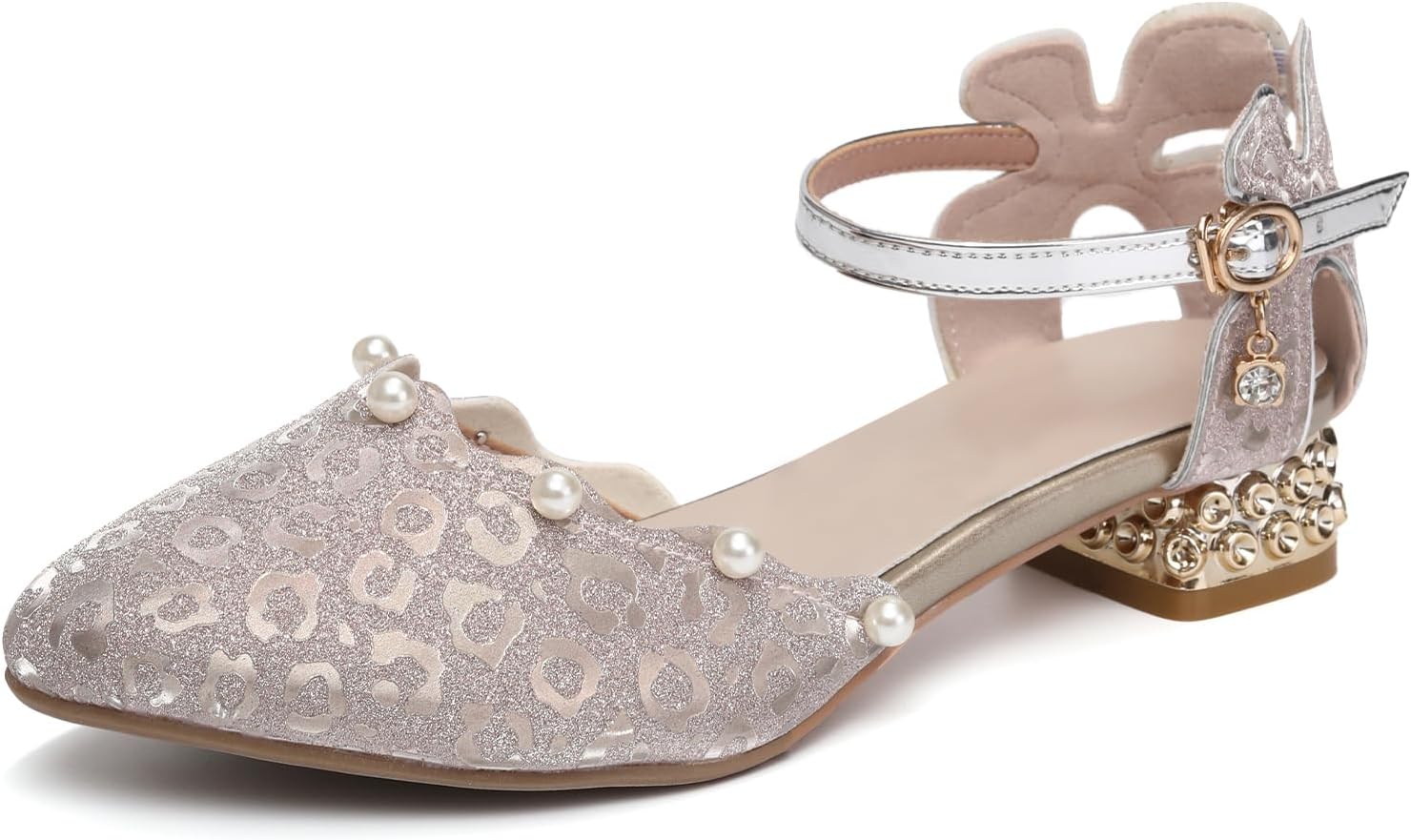Girls Dance Shoes Sparkle Dress Shoes Low Heel Princess Flats Party Glitter Wedding Shoes for Kids Toddler, Model DS-2067
