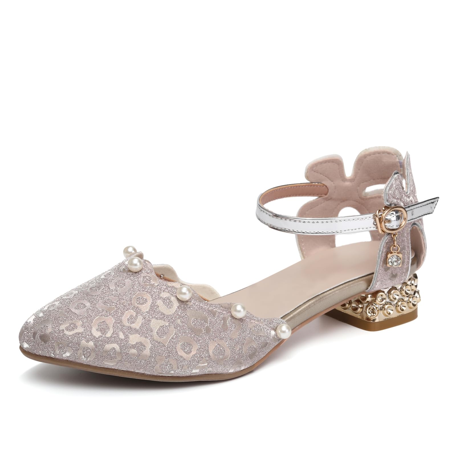 YCALCP Girls Dance Shoes Sparkle Dress Shoes Low Heel Princess Flats Party Glitter Wedding Shoes for Kids Toddler, DS-2067-Champagne-3cm, 5 M