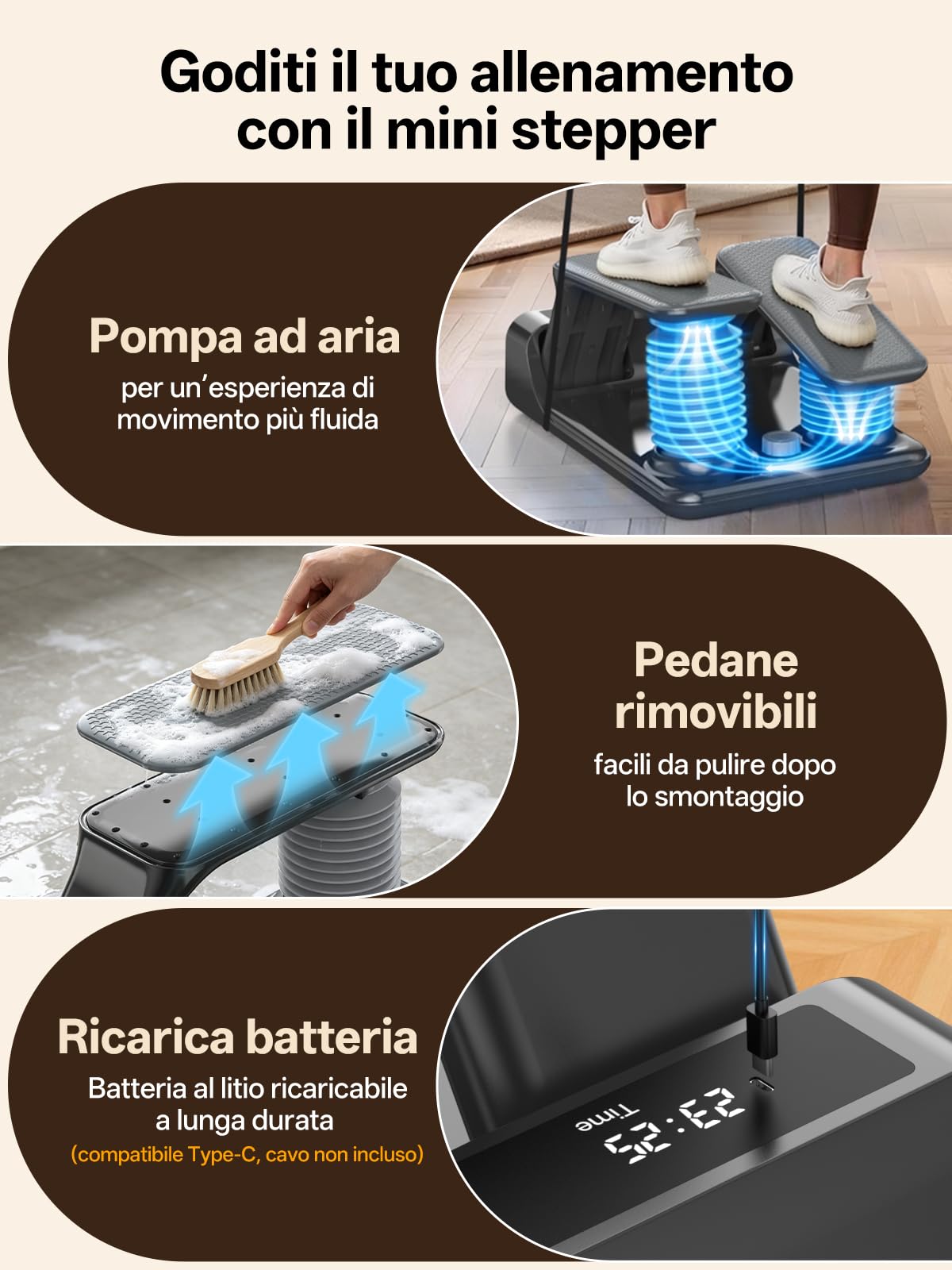 JOROTO Stepper ad Aria per Casa, Mini Stepper con Intensità Regolabile su 5 Livelli + Fasce, 300 LBS/136 KG, Silenzioso, Display LED Ricaricabile, per Appartamento & Home Gym